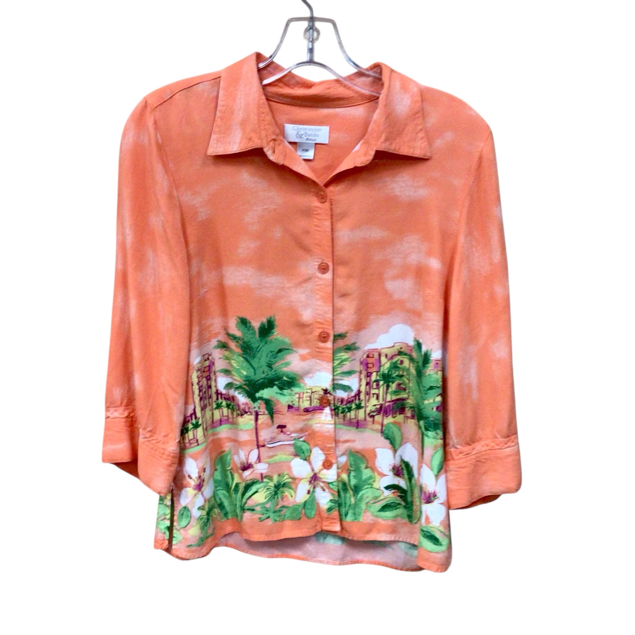 Christopher & Banks Orange 3/4 Sleeve Button Up Top Size Petite Medium