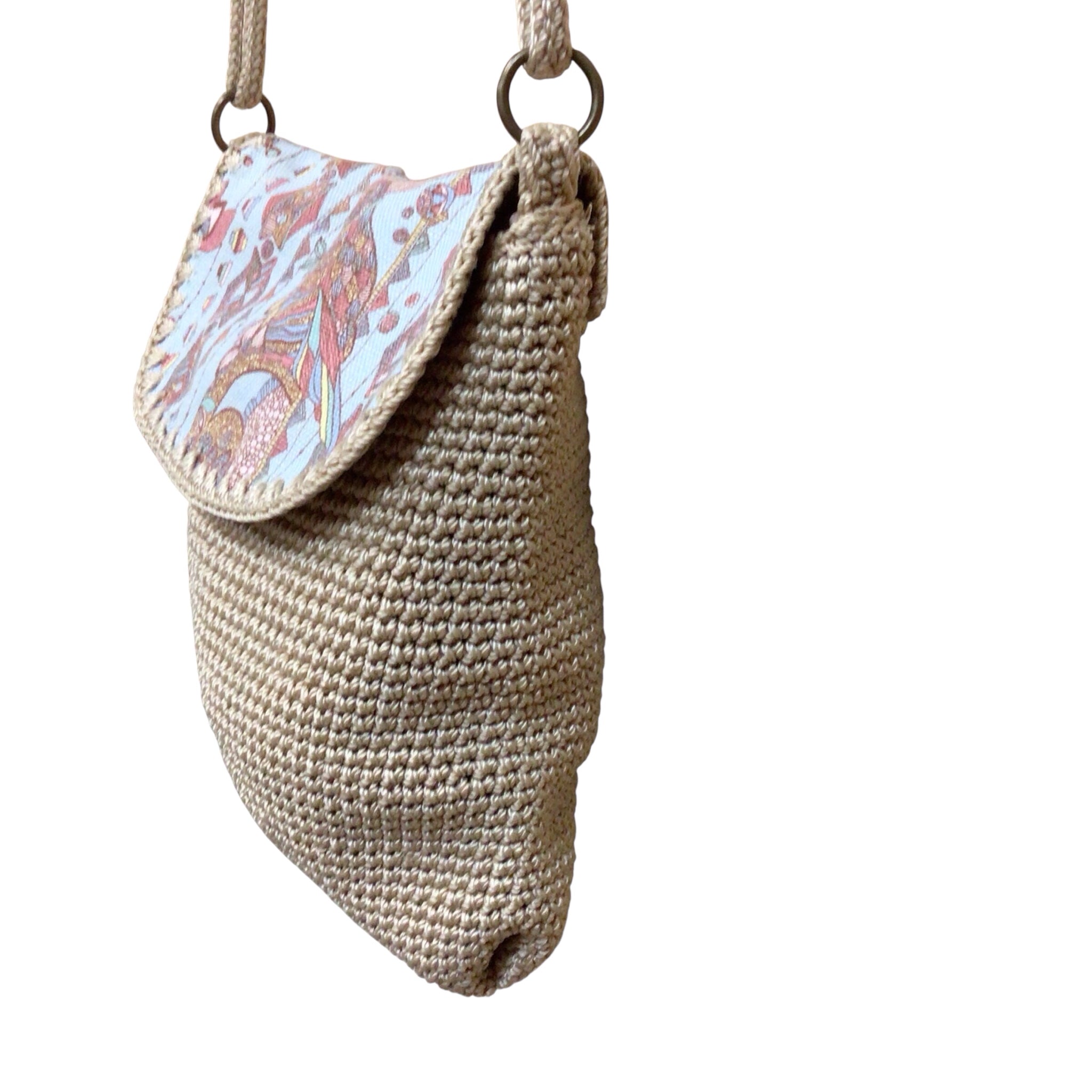 Sakroots Crochet Tan Crossbody Bag with Owl on Front