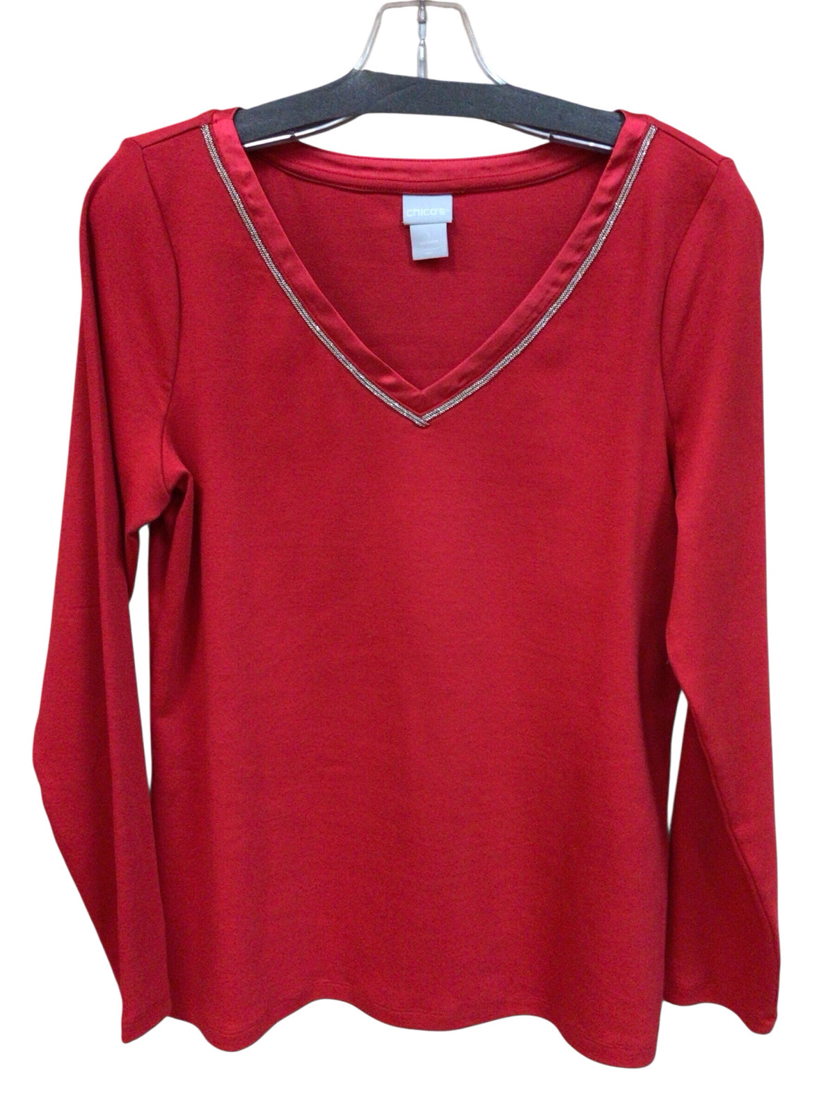 Chico's Red Long Sleeve Top with Silver Neckline Size Medium