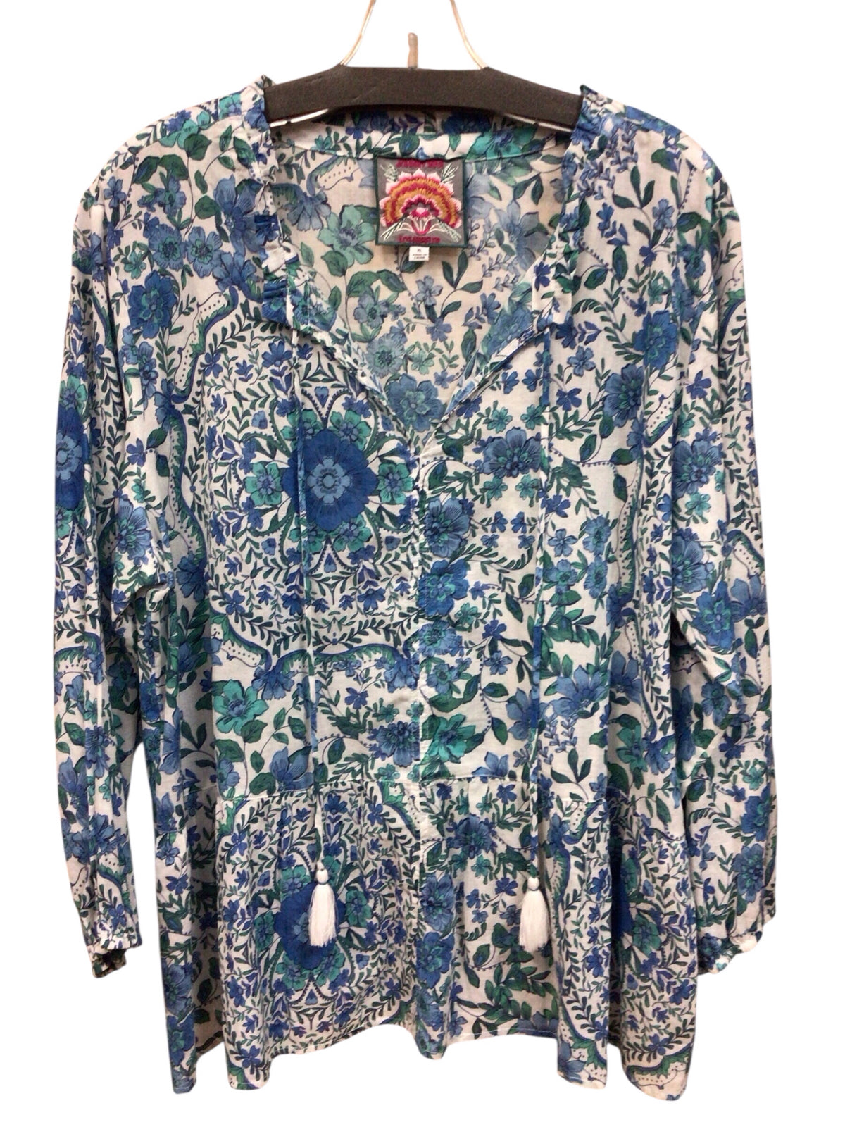 Johnny Was "Willow Blue Ruffled Field" 3/4 Sleeve Blouse Size XL