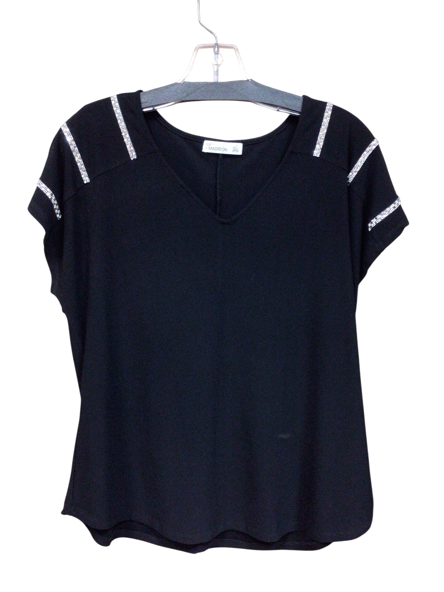 89th + Madison Rhinestone Embellished Black Short Sleeve Top Size Large