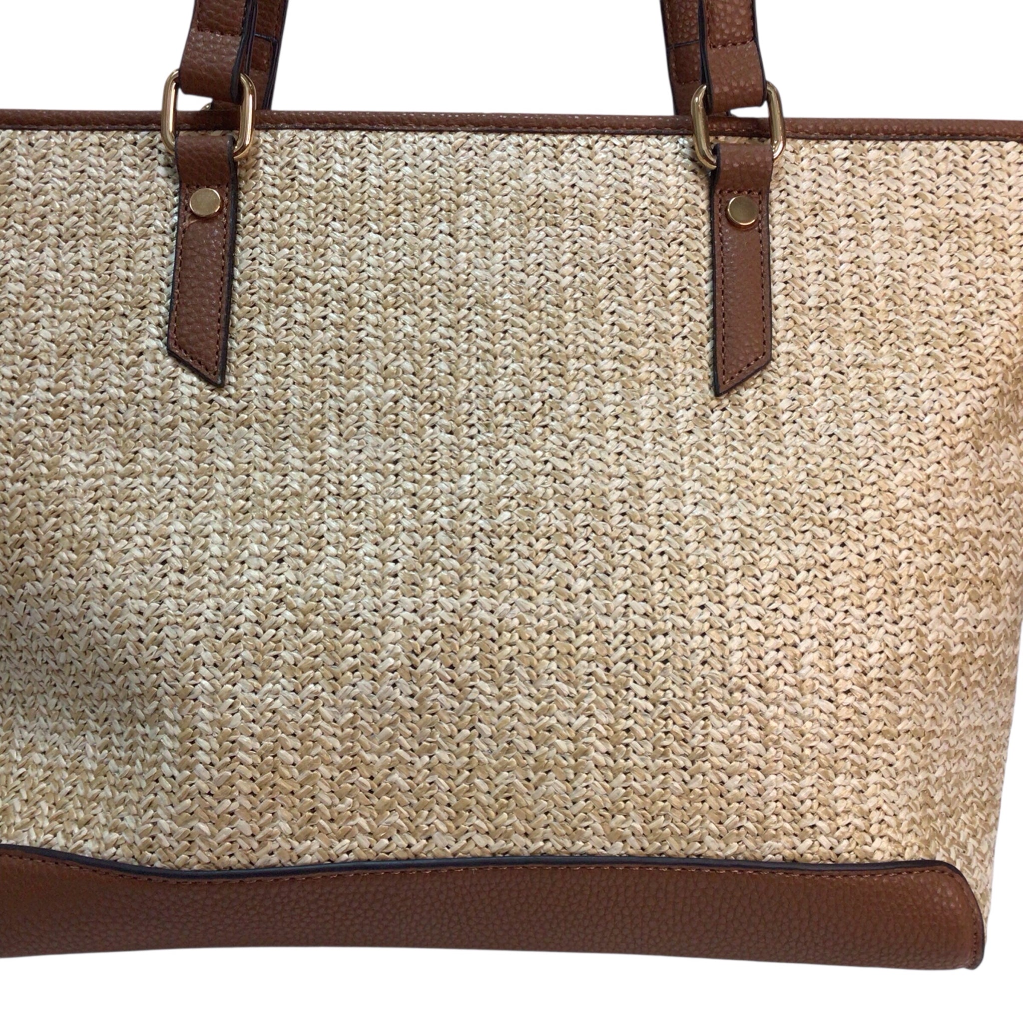 Fashion Metallic Leather Trim Straw Tote Bag / Shoulder Bag