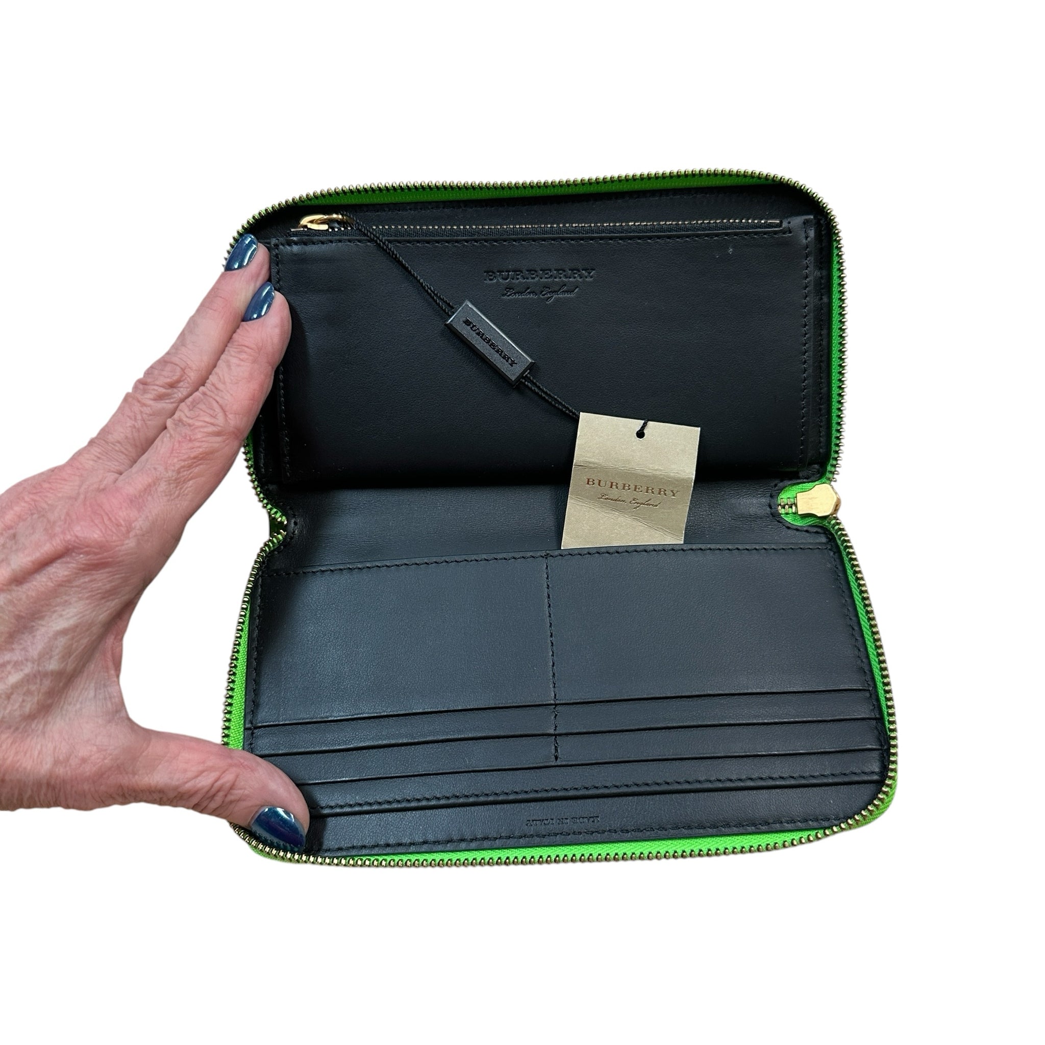 Burberry Bright Green Zip Around Grained Leather Wallet