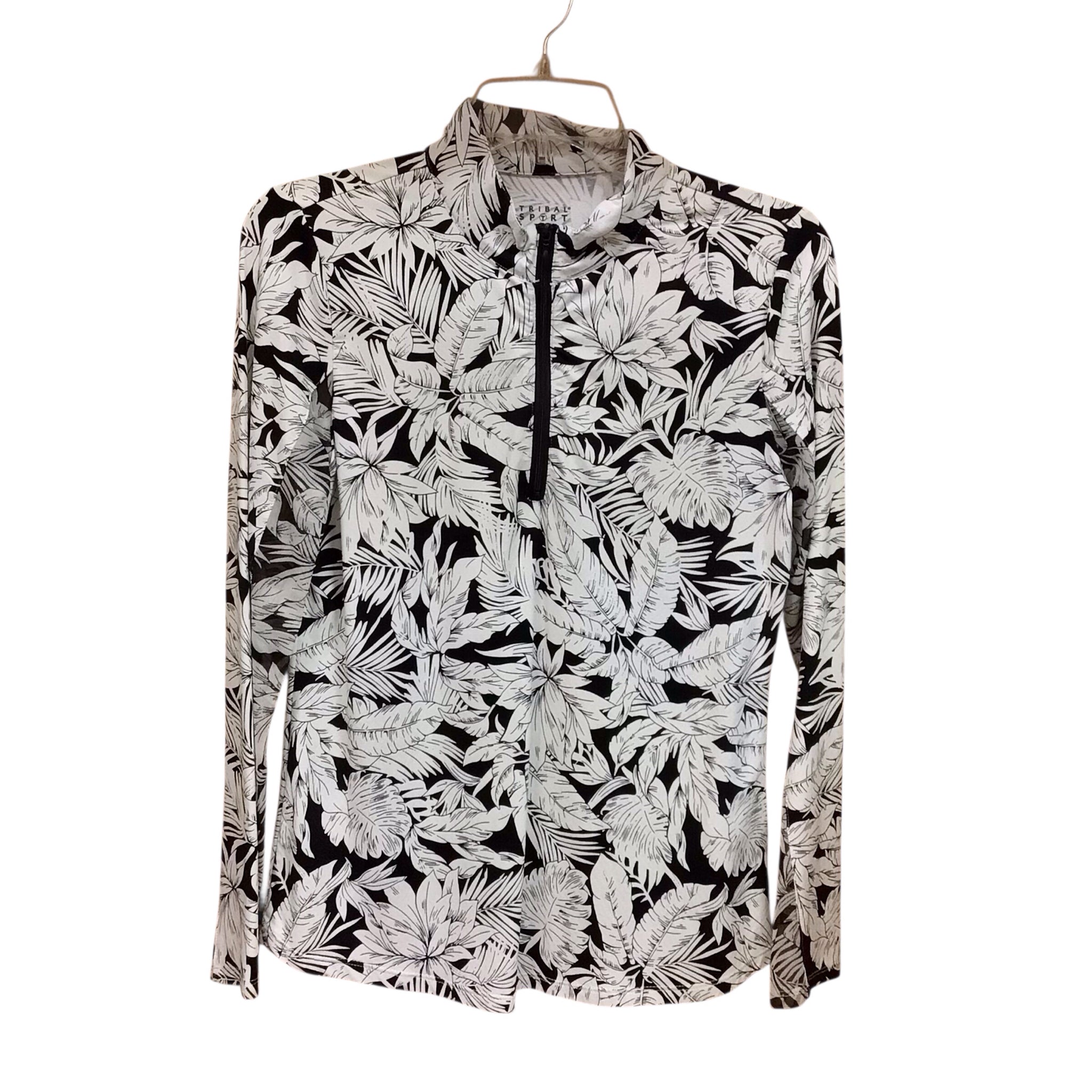 Tribal Black & White Floral Long Sleeve Zip Up Top Size Petite Small