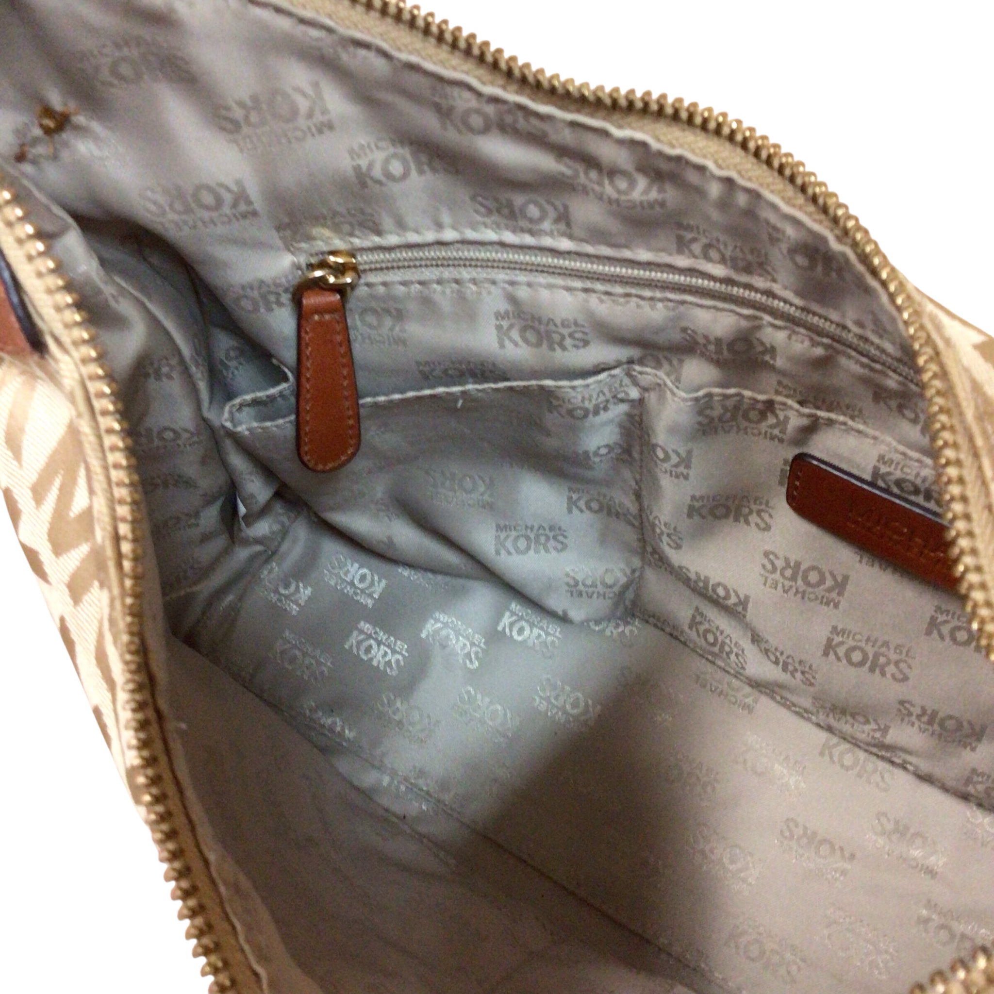 Michael Kors "Millbrook" Signature Logo Jacquard Tan Shoulder Bag