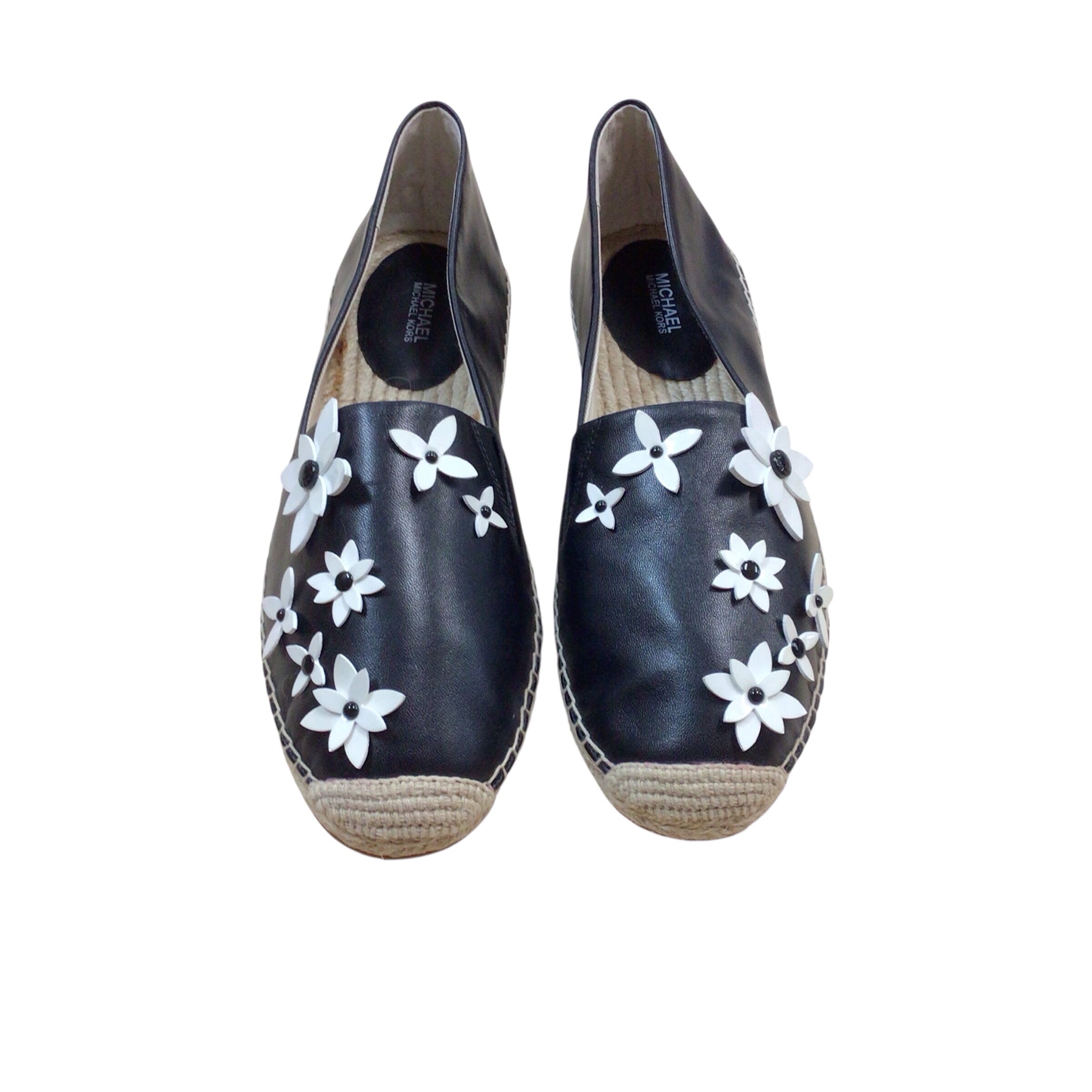 Michael Kors Black Leather Floral Flats Size 10