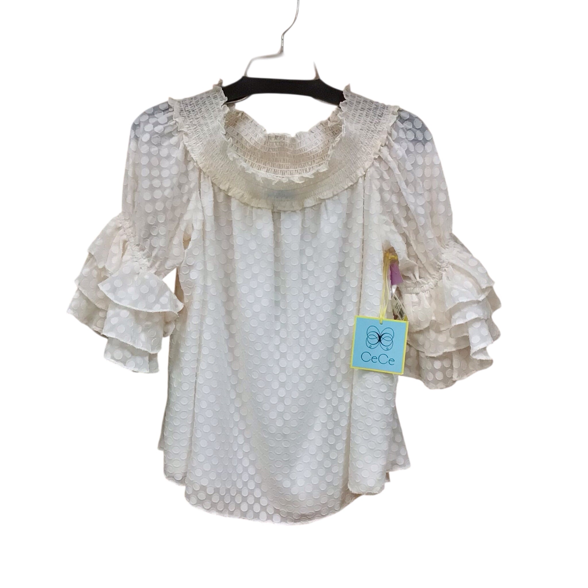 CeCe Cream Short Sleeve Ruffled Top Size Medium NWT