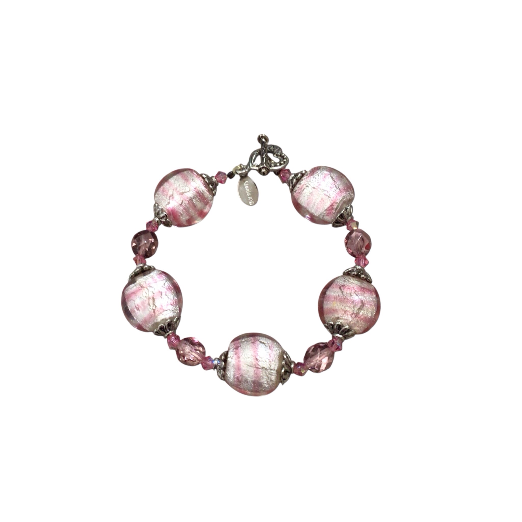 Alexis K Murano Glass Silver Pink Bracelet with Heart Toggle