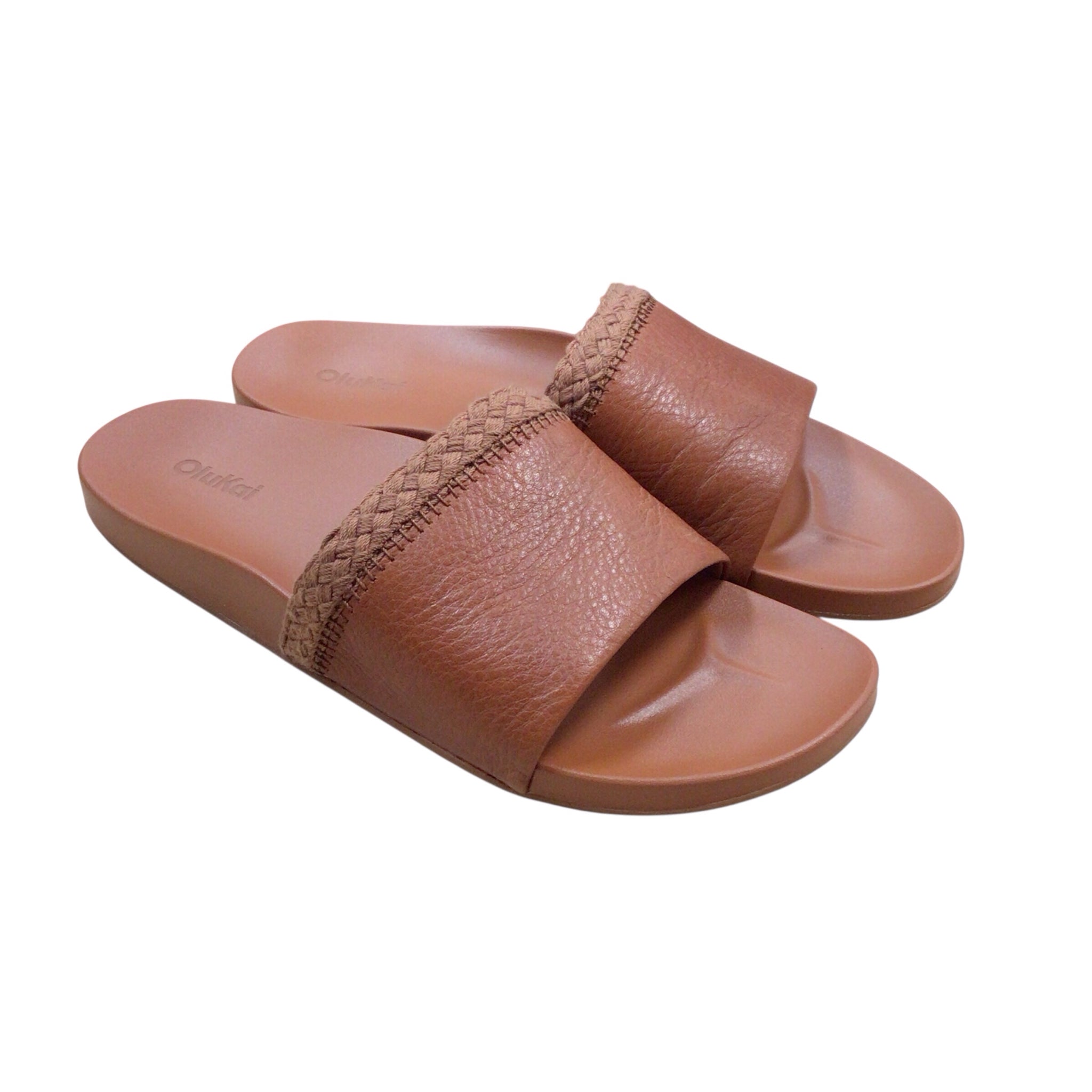 Olukai "Pakea" Brown Leather Slide Sandals Size 9W