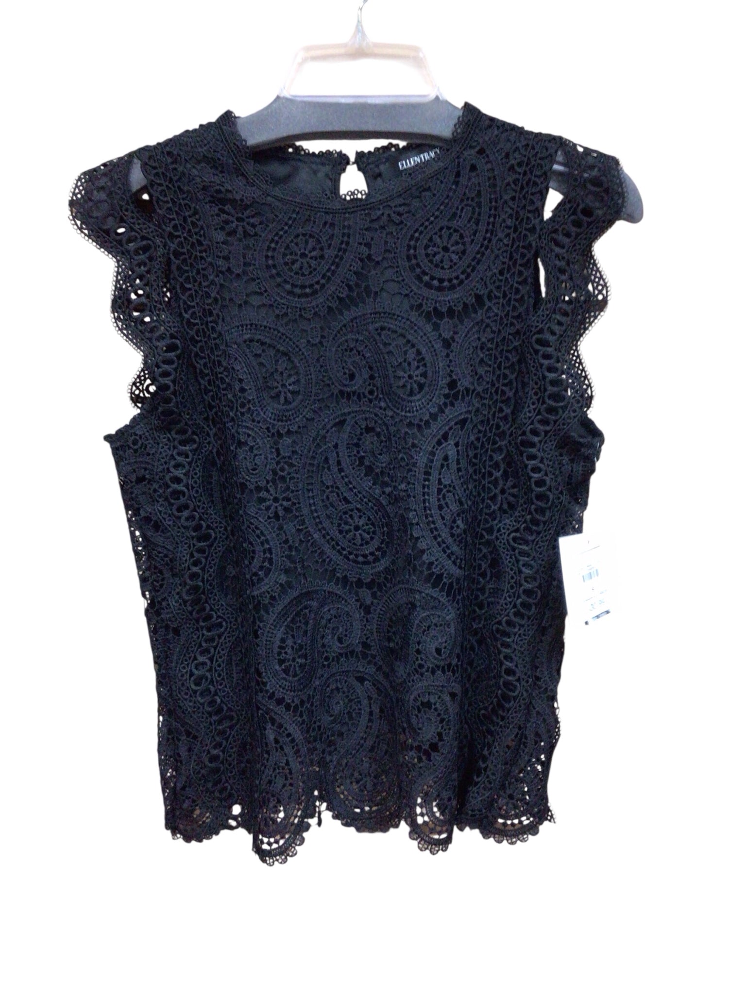 Ellen Tracy Black Lace Cap Sleeve Top Size Large