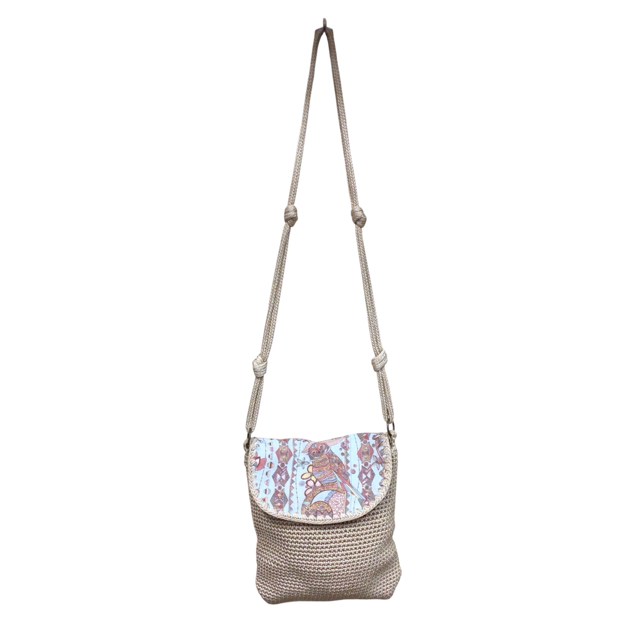 Sakroots Crochet Tan Crossbody Bag with Owl on Front