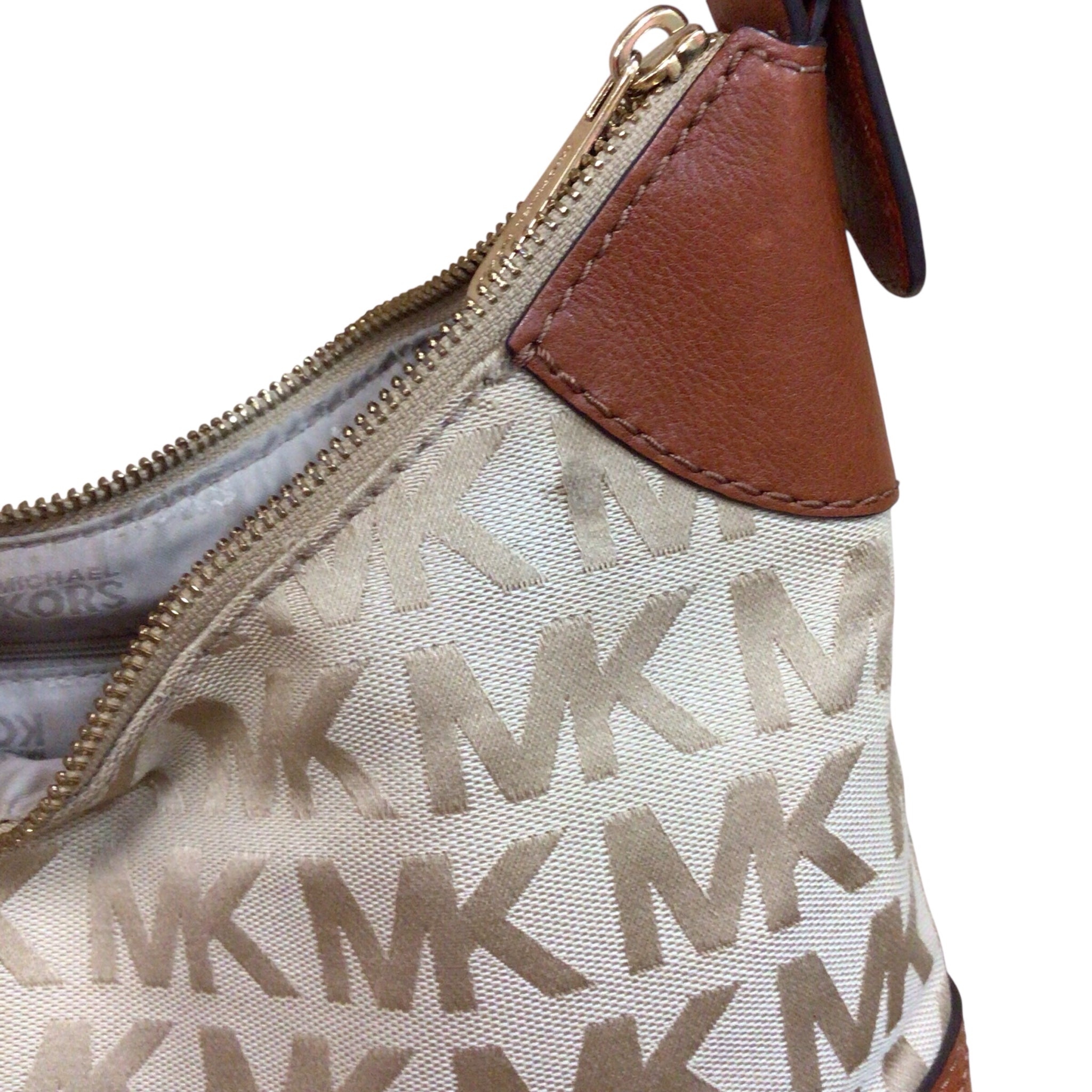 Michael Kors "Millbrook" Signature Logo Jacquard Tan Shoulder Bag