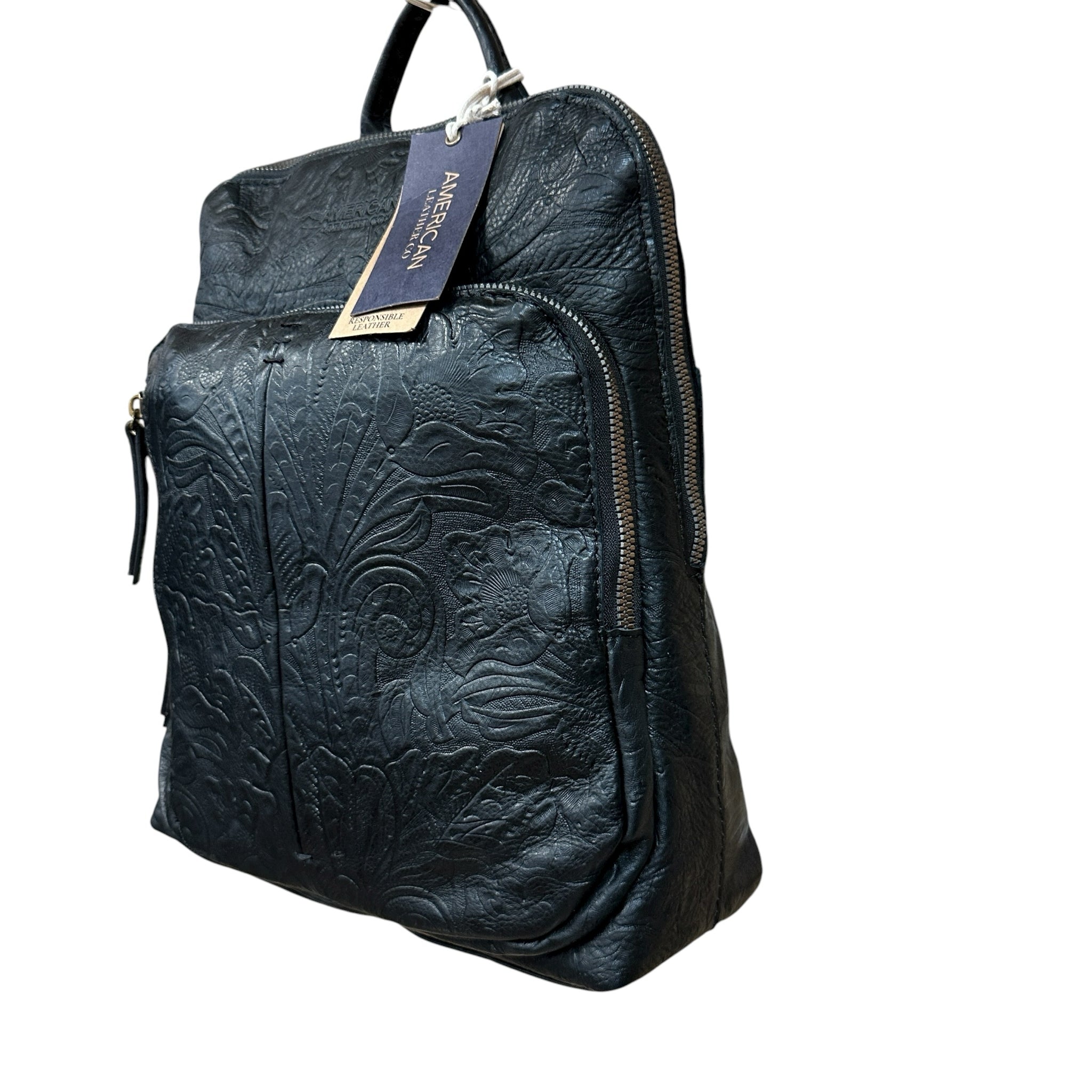 American Leather Black Tooled "Cleveland" Leather Backpack