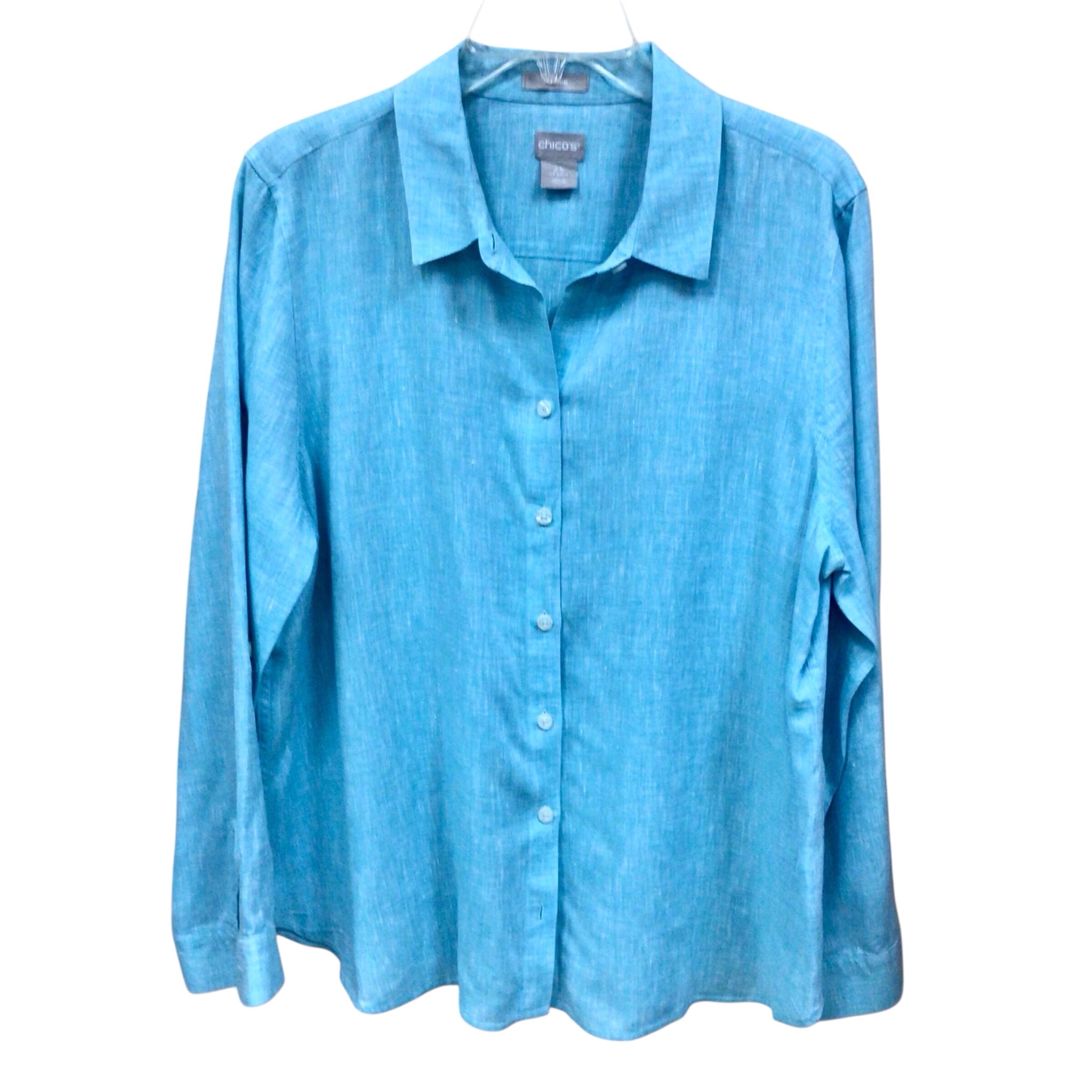 Chico's Teal Blue Long Sleeve Button Up Top Size Large