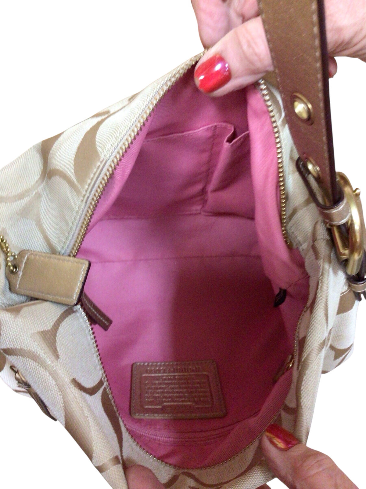Coach F15068 East-West Hobo Gold & Tan Signature Shoulder Bag