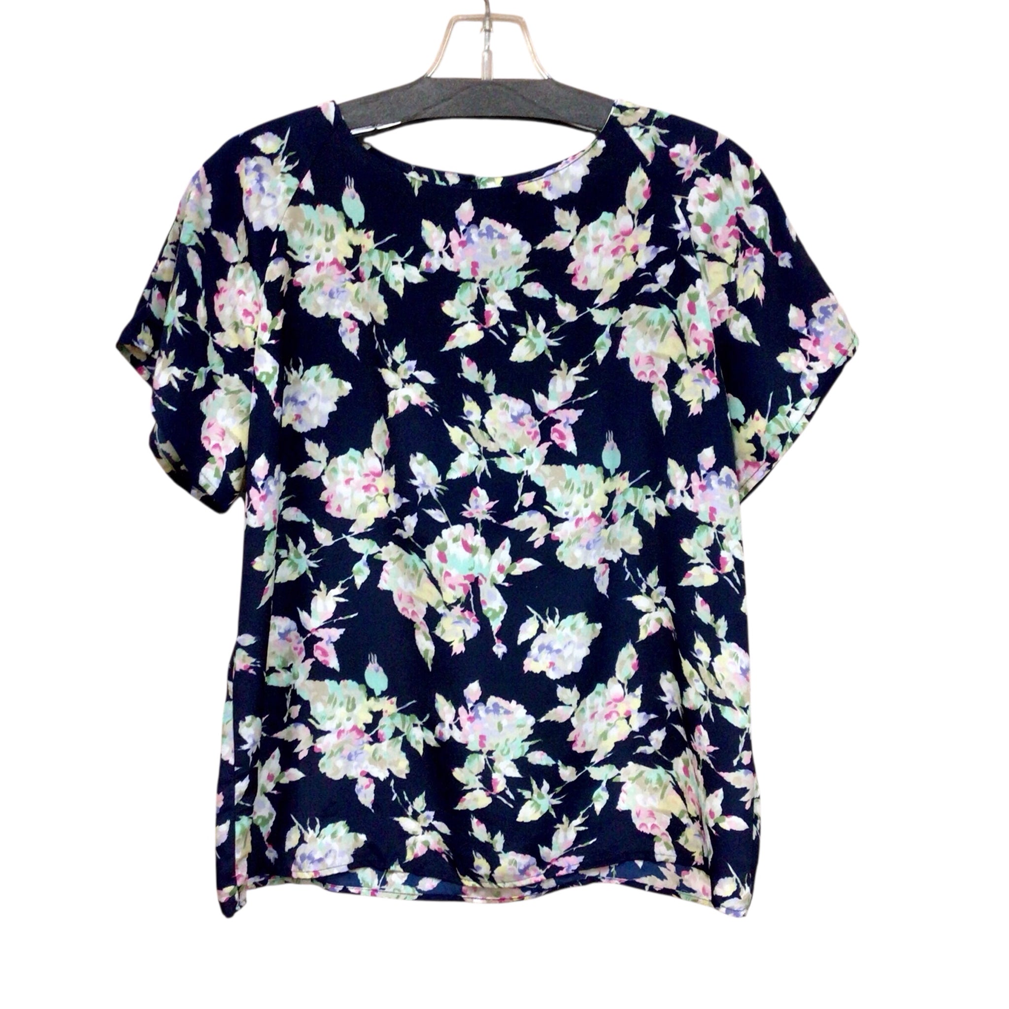 Impressions Navy Floral Short Sleeve Top Size Large