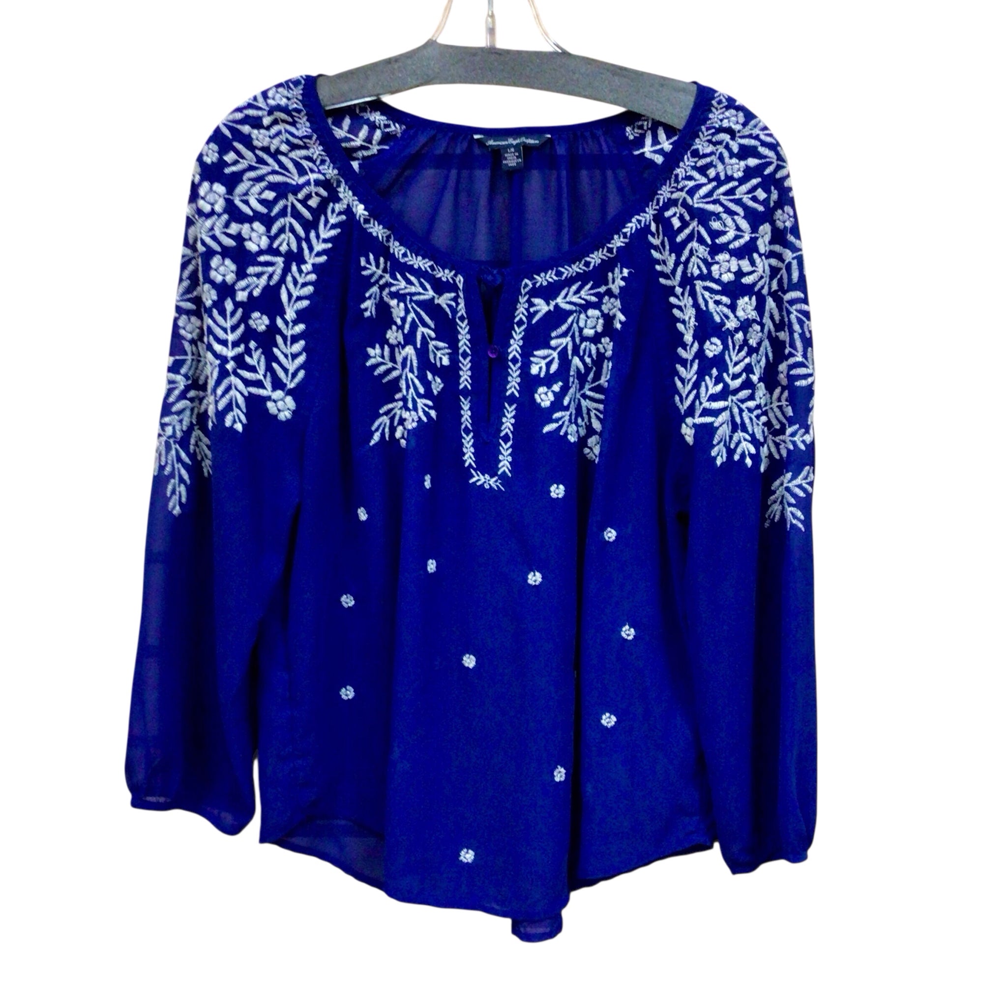 American Eagle Blue Embroidered Long Sleeve Top Size Large