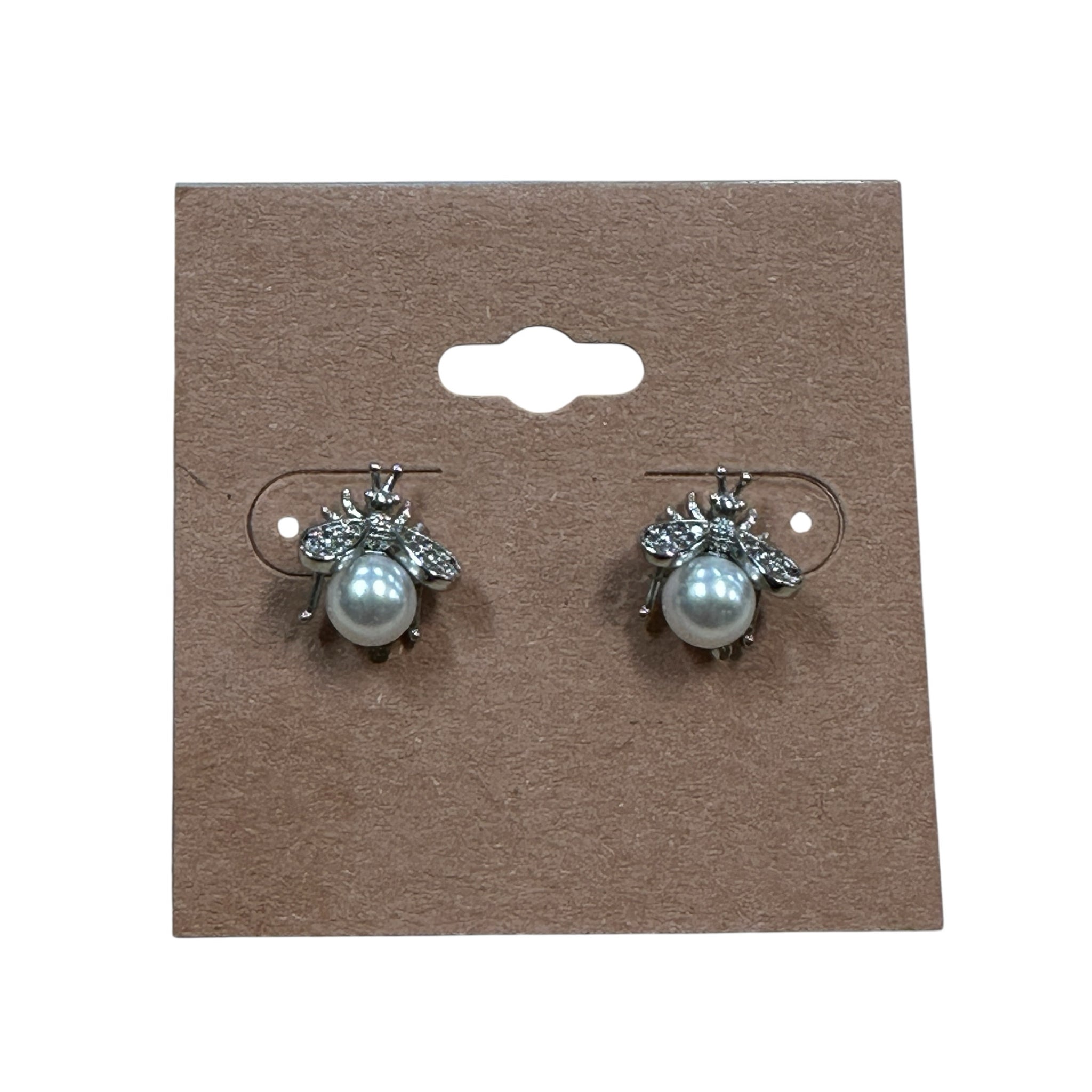 Silver Plated Rhinestone Pearl Bumble Bee Post Earrings