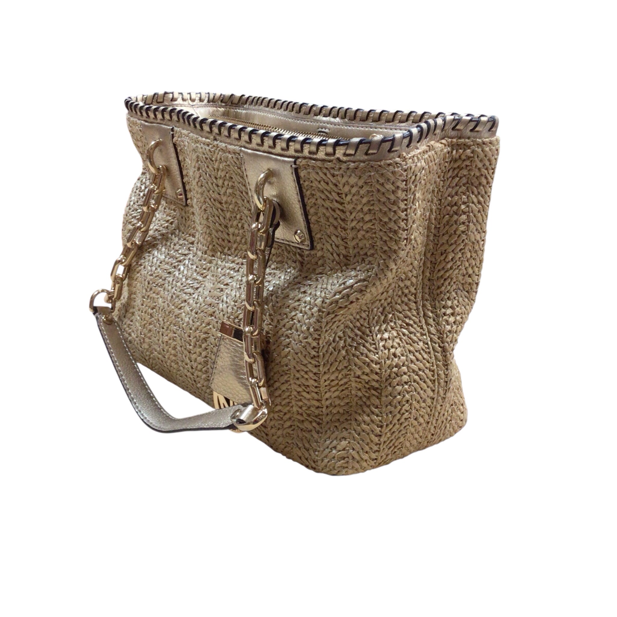 Michael Kors "Rosalie" Woven Straw & Leather Shoulder Bag
