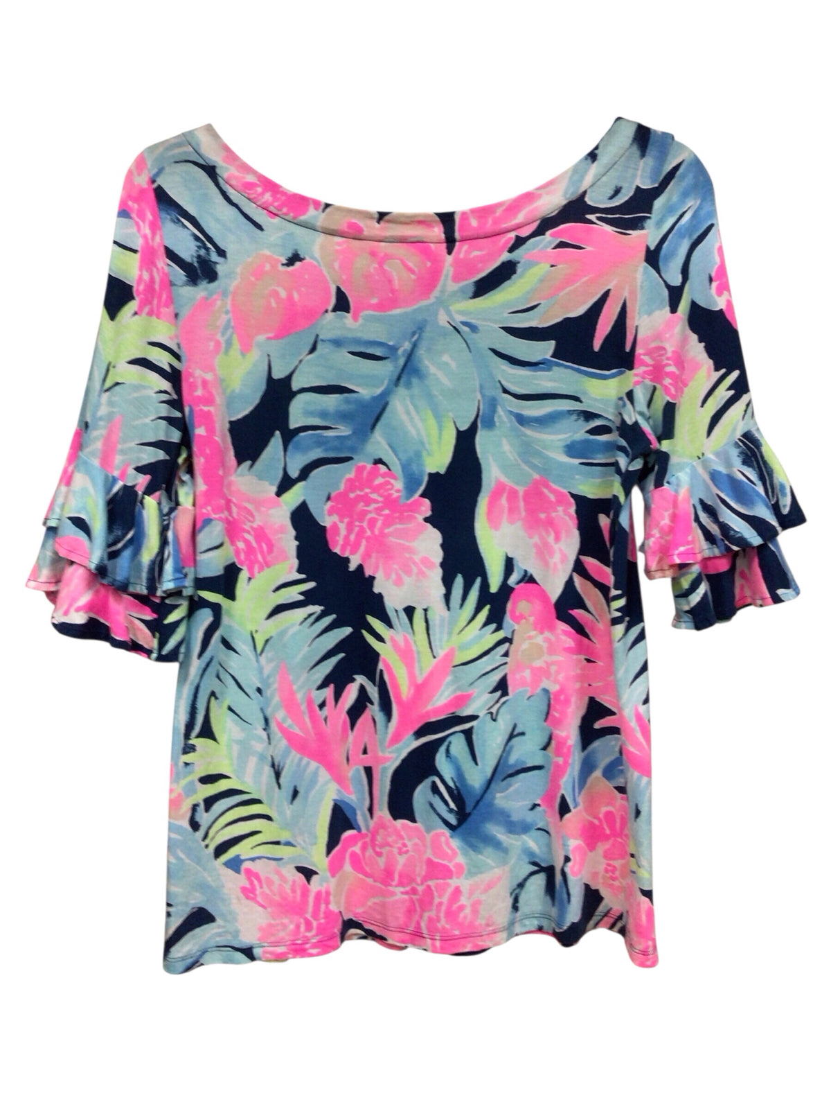 Lilly Pulitzer "Lula Blouse" High Tide Tropicolada Size Medium Short Sleeve Top