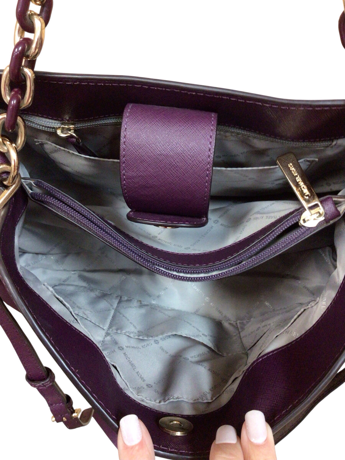 Michael Kors "Sofia Portia" Large East West Plum Leather Satchel Crossbody Bag
