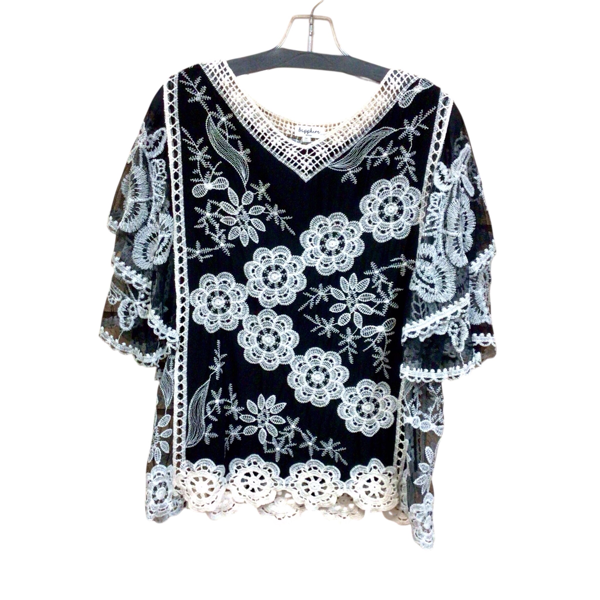 Sapphire Black & White Short Sleeve Top Size Petite Medium