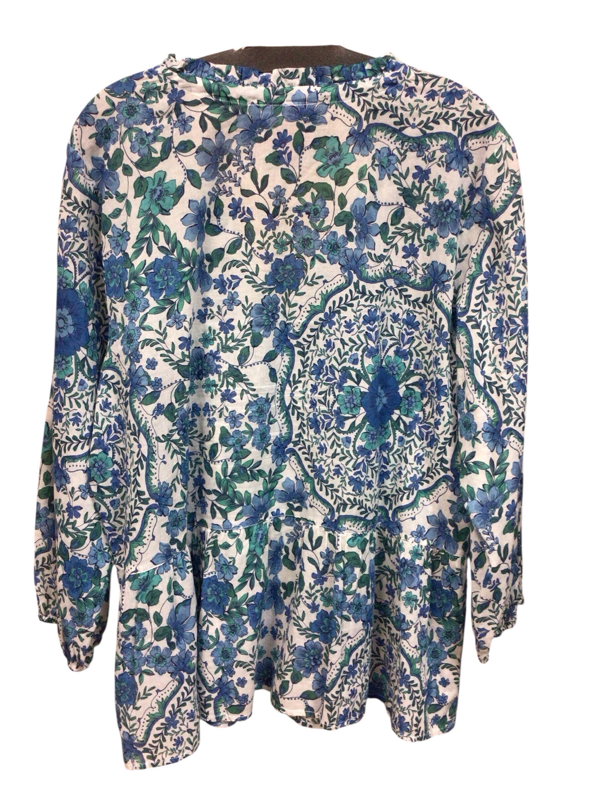 Johnny Was "Willow Blue Ruffled Field" 3/4 Sleeve Blouse Size XL