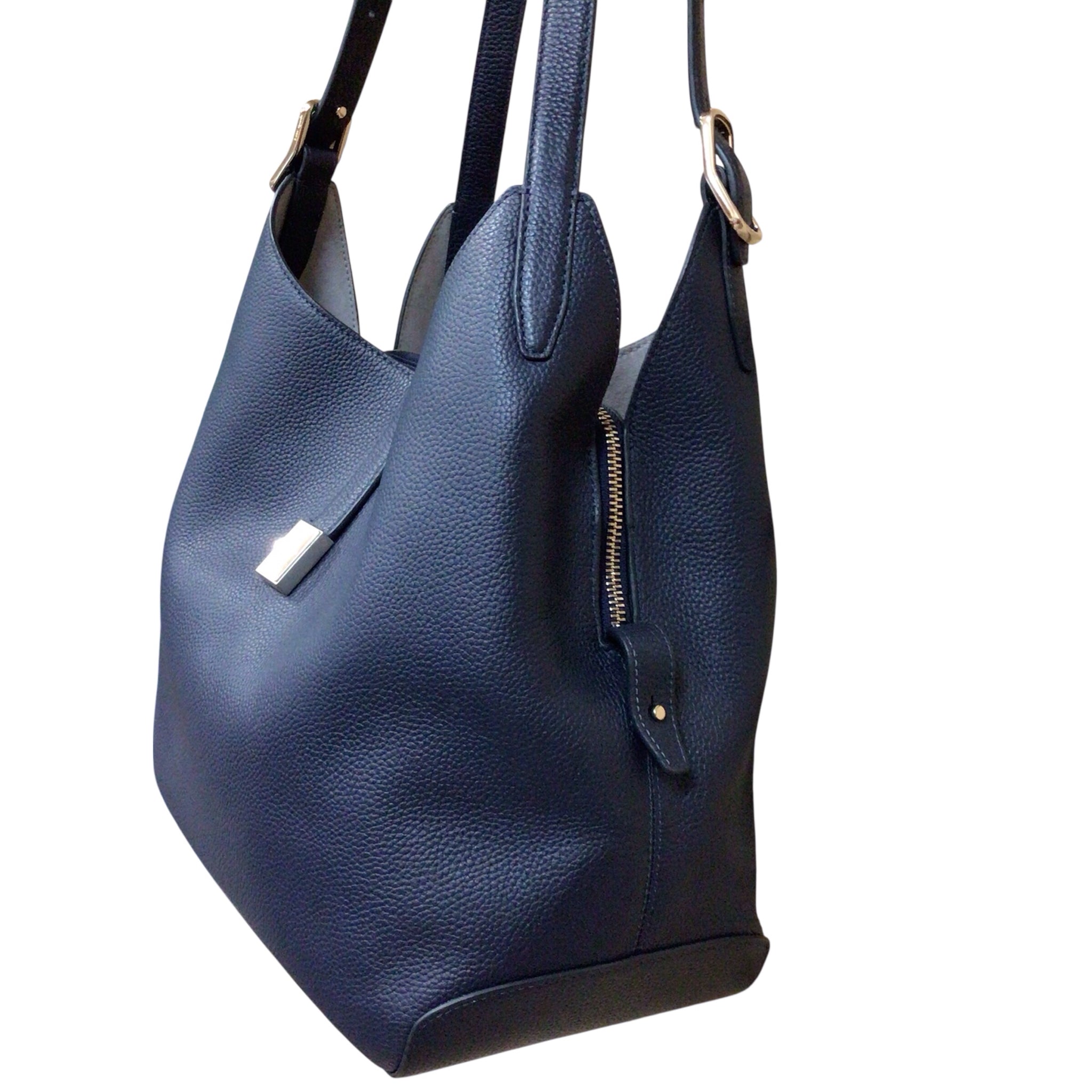 Kate Spade "Deco" Large Navy Pebbled Leather Shoulder Bag
