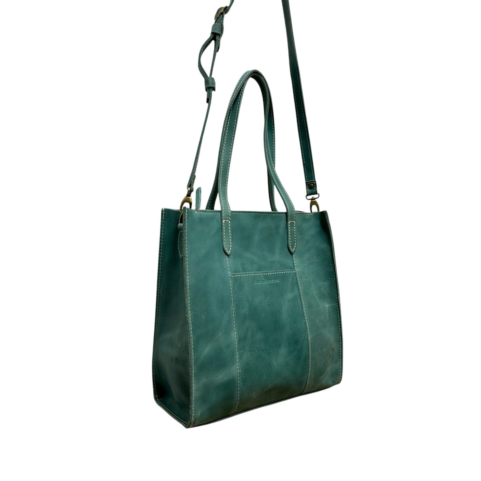 Portland Leather Distressed Aqua Large Lola Zipper Crossbody Tote Bag