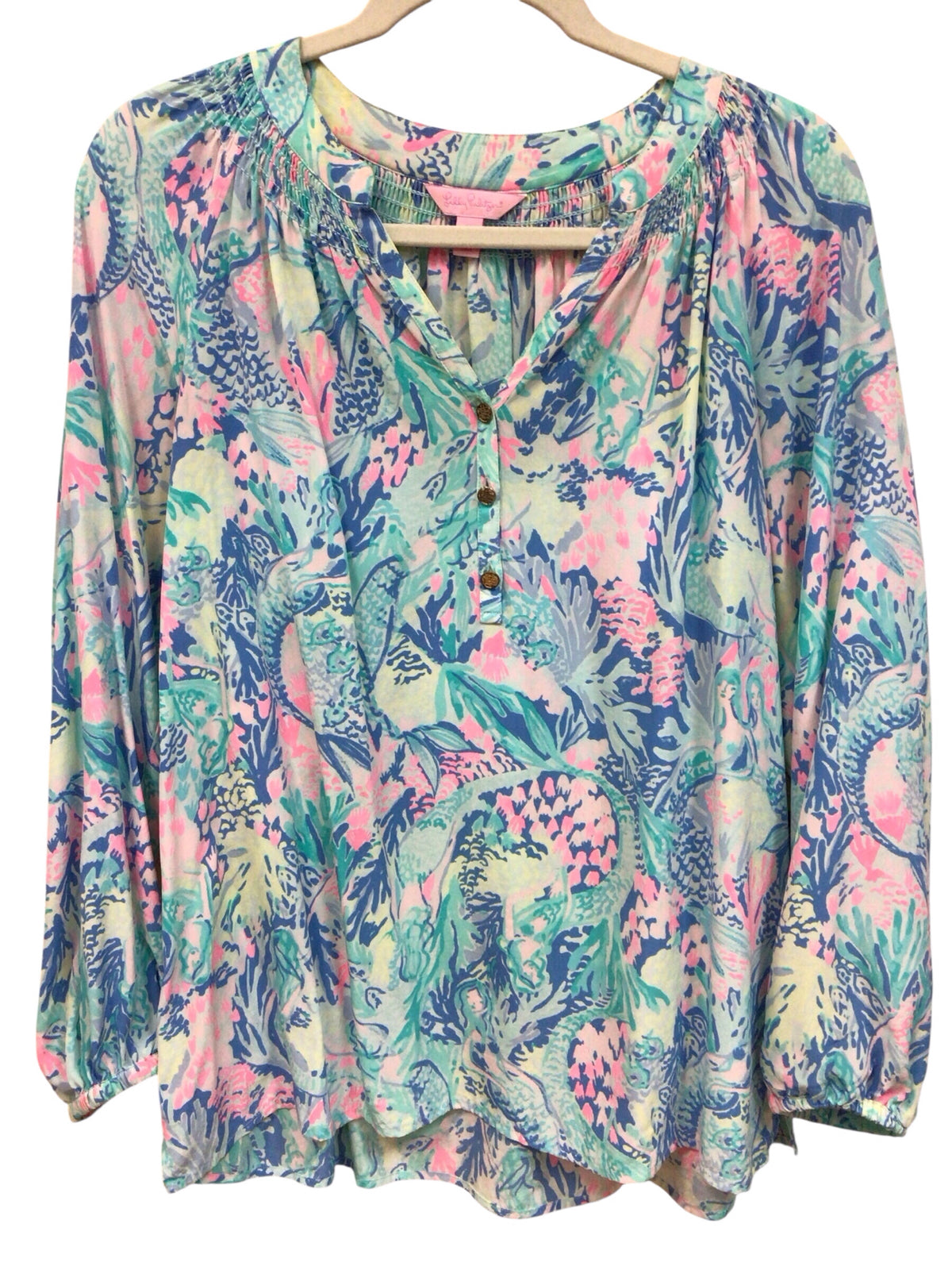 Lilly Pulitzer "Elsa" 100% Silk Flamingo Long Sleeve Top Size Medium