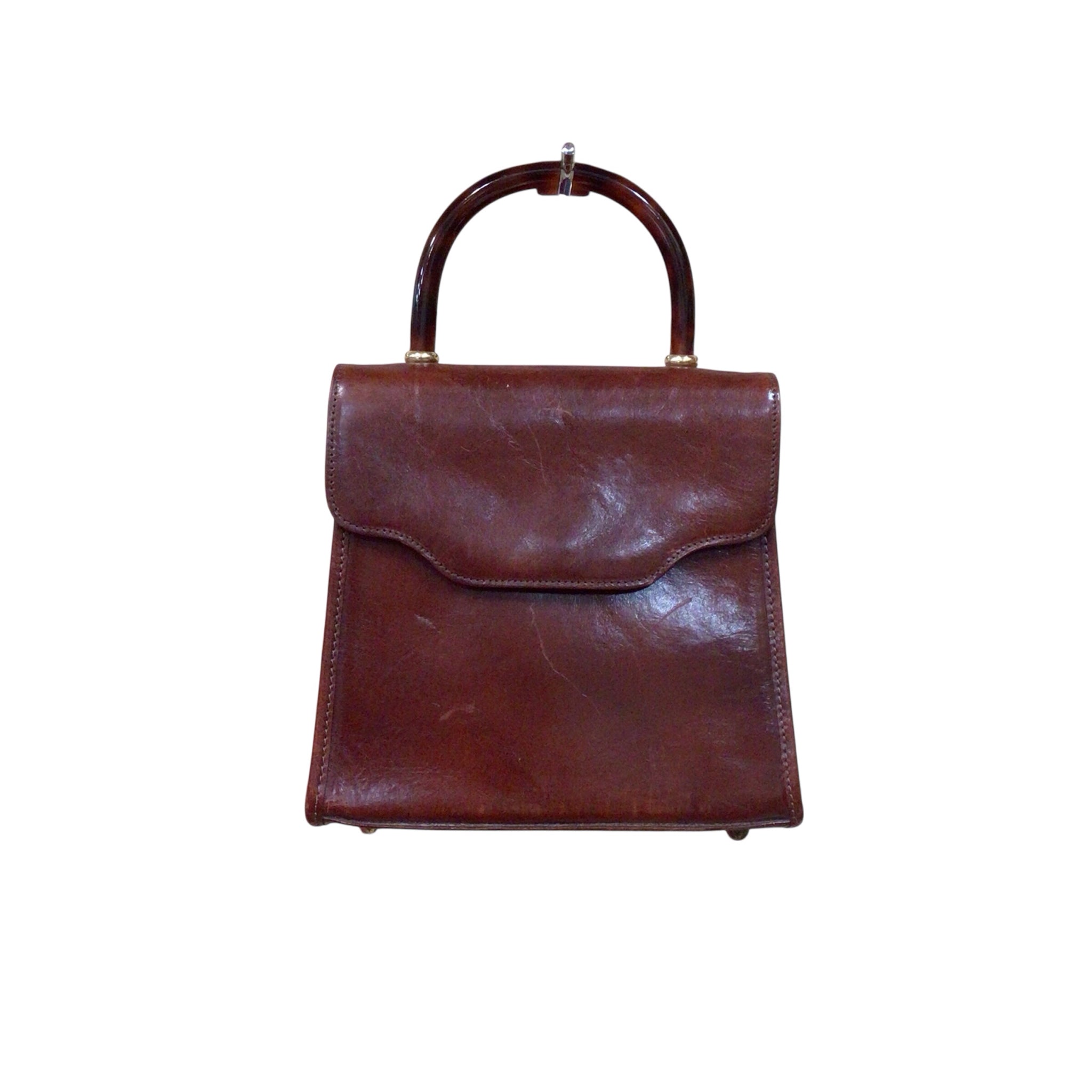 Brahmin Vintage Brown Leather Handbag w/ Tortoise Lucite Handle