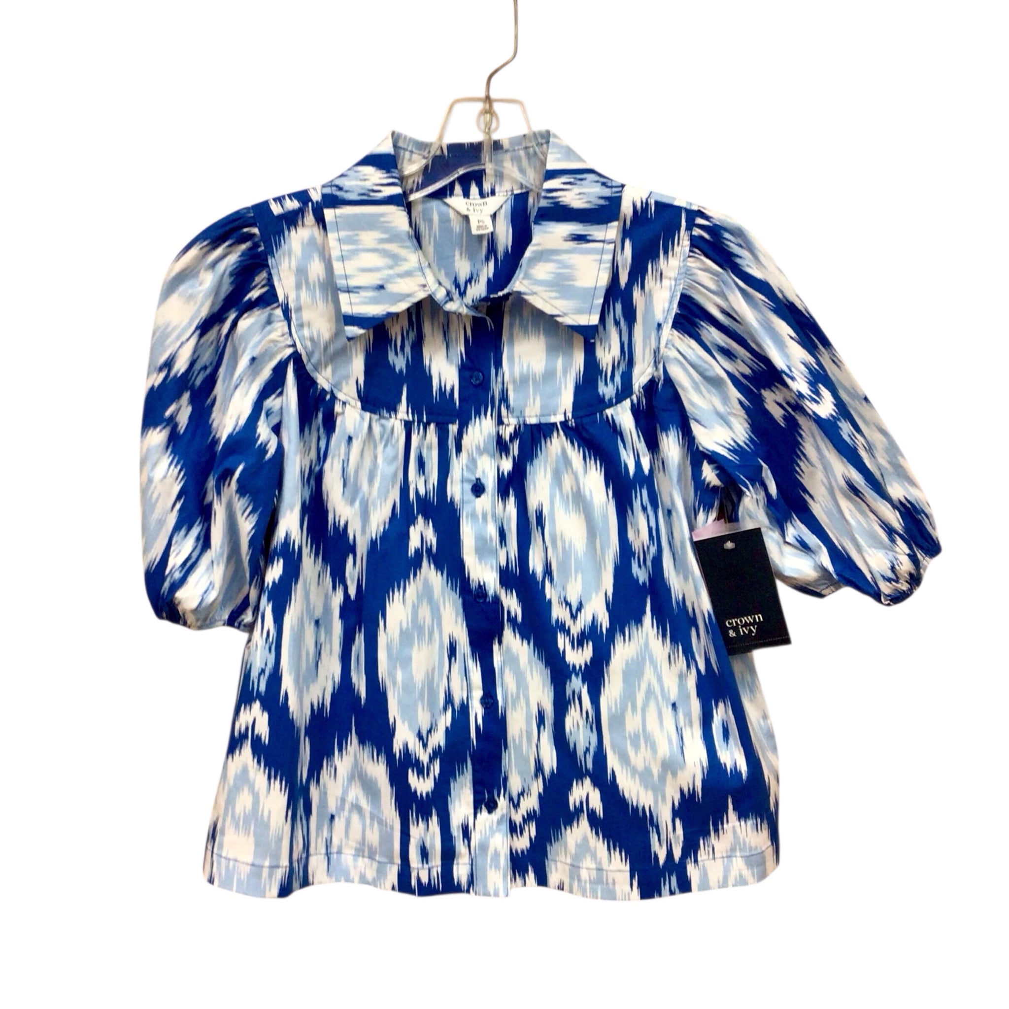 Crown & Ivy Blue & White Short Sleeve Top Size Petite Small NWT