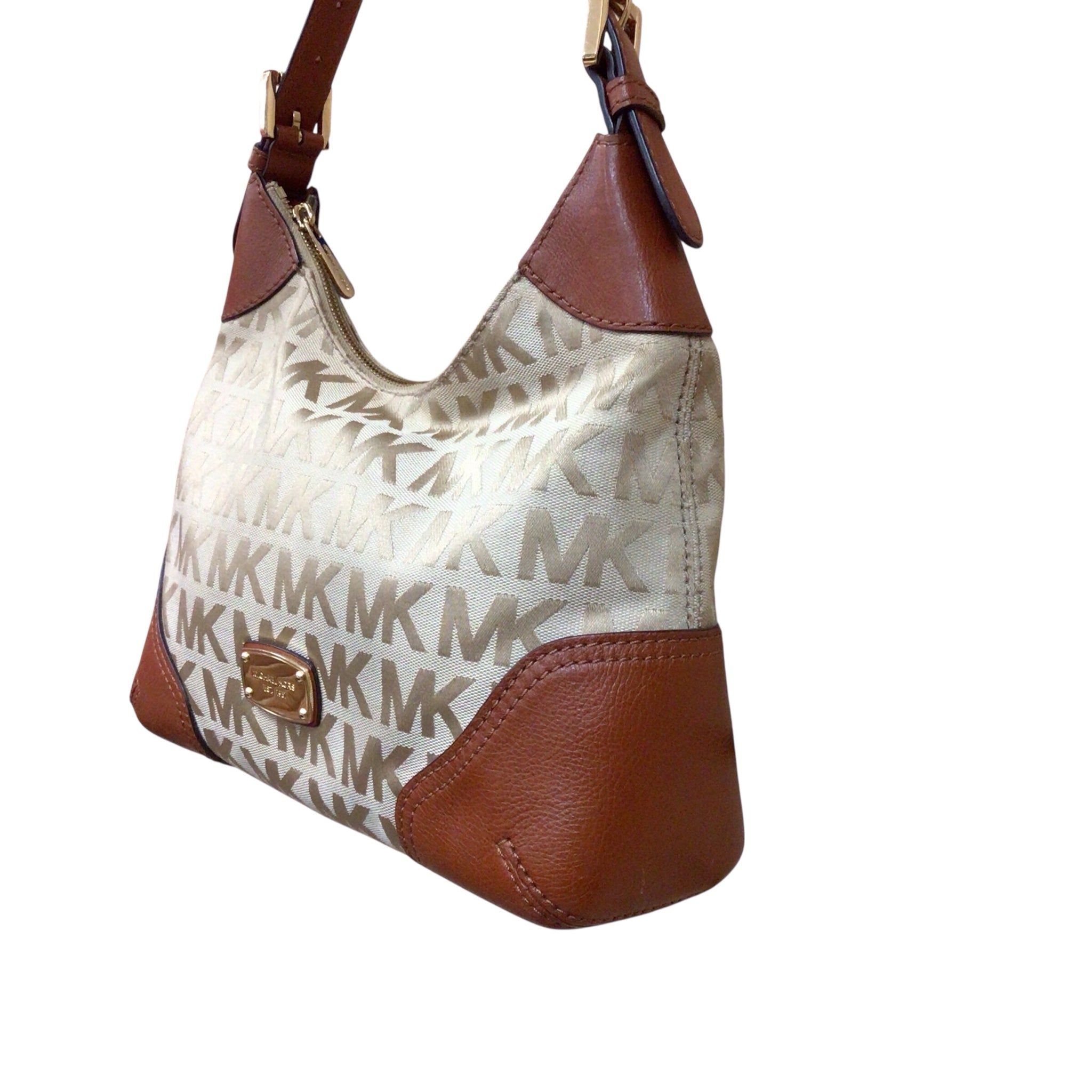 Michael Kors "Millbrook" Signature Logo Jacquard Tan Shoulder Bag