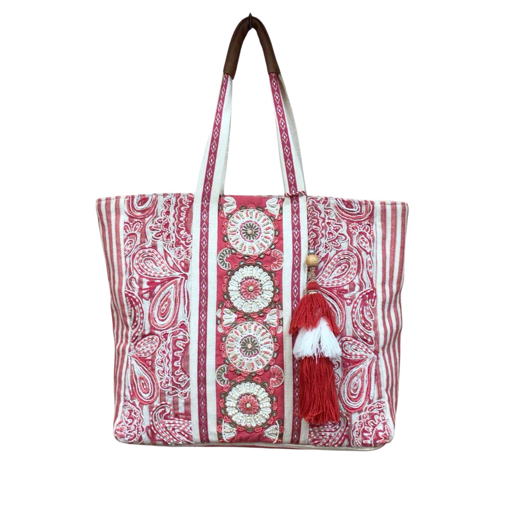 Chico's Red & White Embellished Canvas Tote
