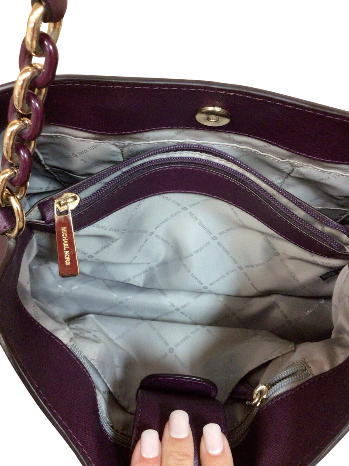 Michael Kors "Sofia Portia" Large East West Plum Leather Satchel Crossbody Bag