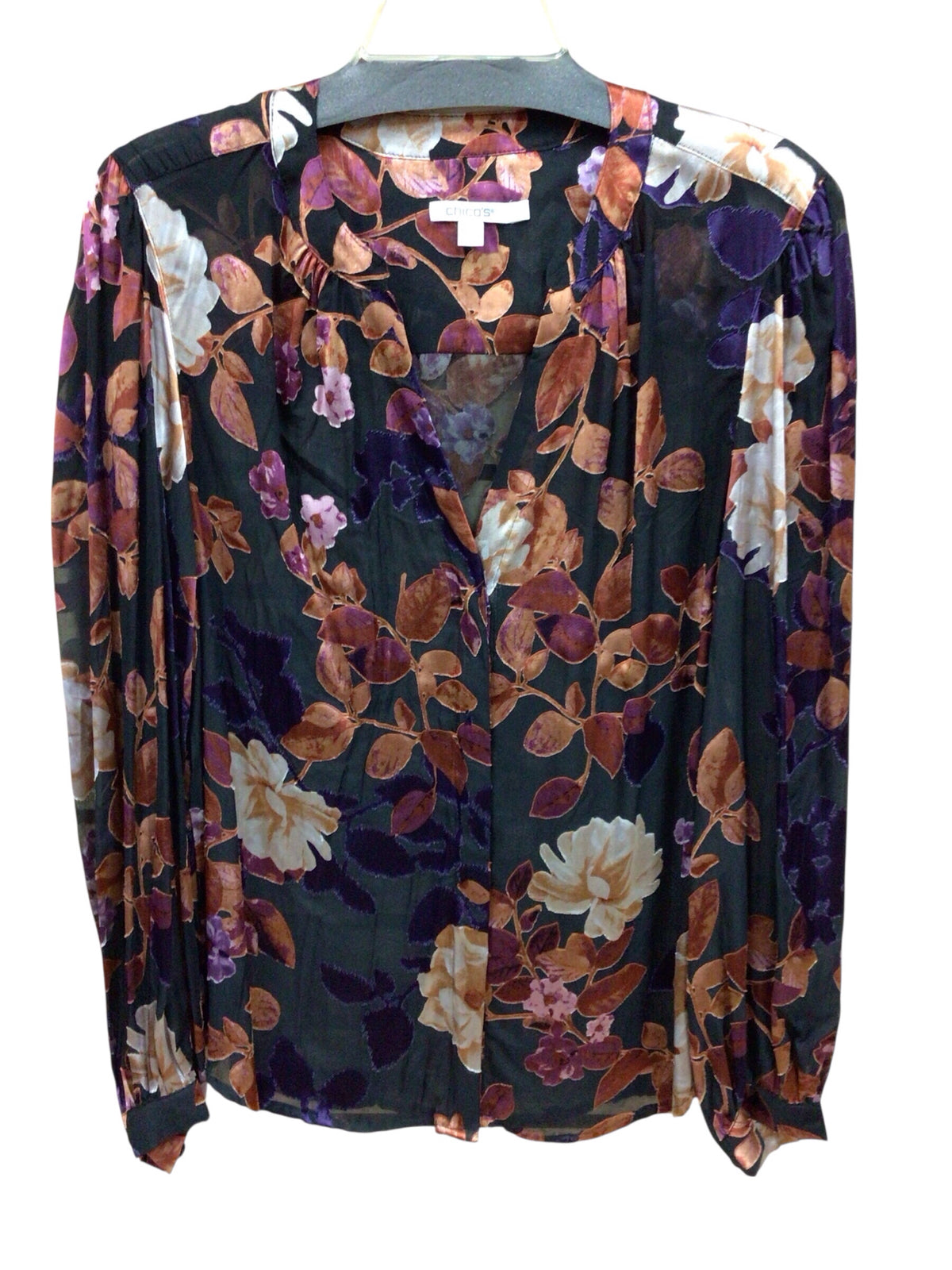 Chico's Fall Foliage Sheer Long Sleeve Top Size Medium