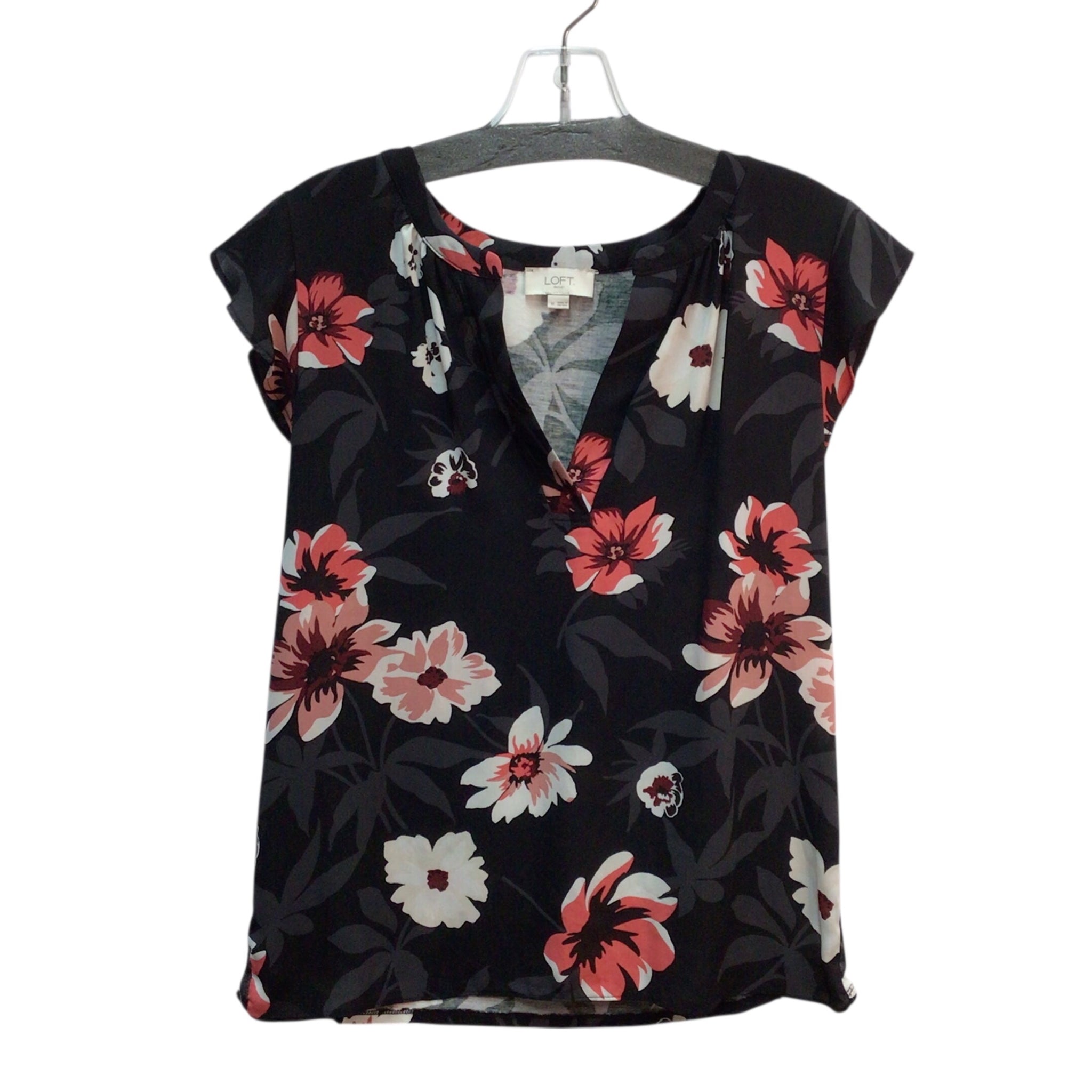 Loft Black Floral Short Sleeve Top Size M