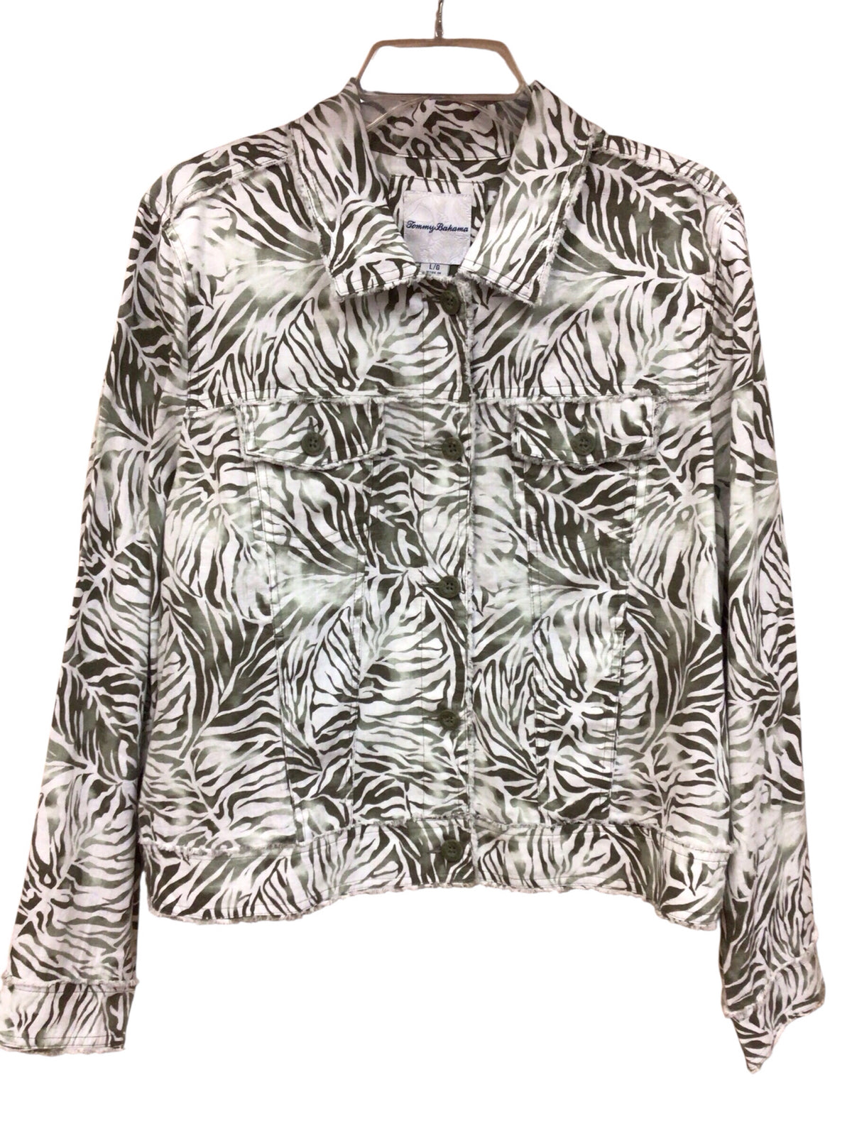 Tommy Bahama Forest Green "Monstera Mirage" Linen Trucker Jacket Size Large