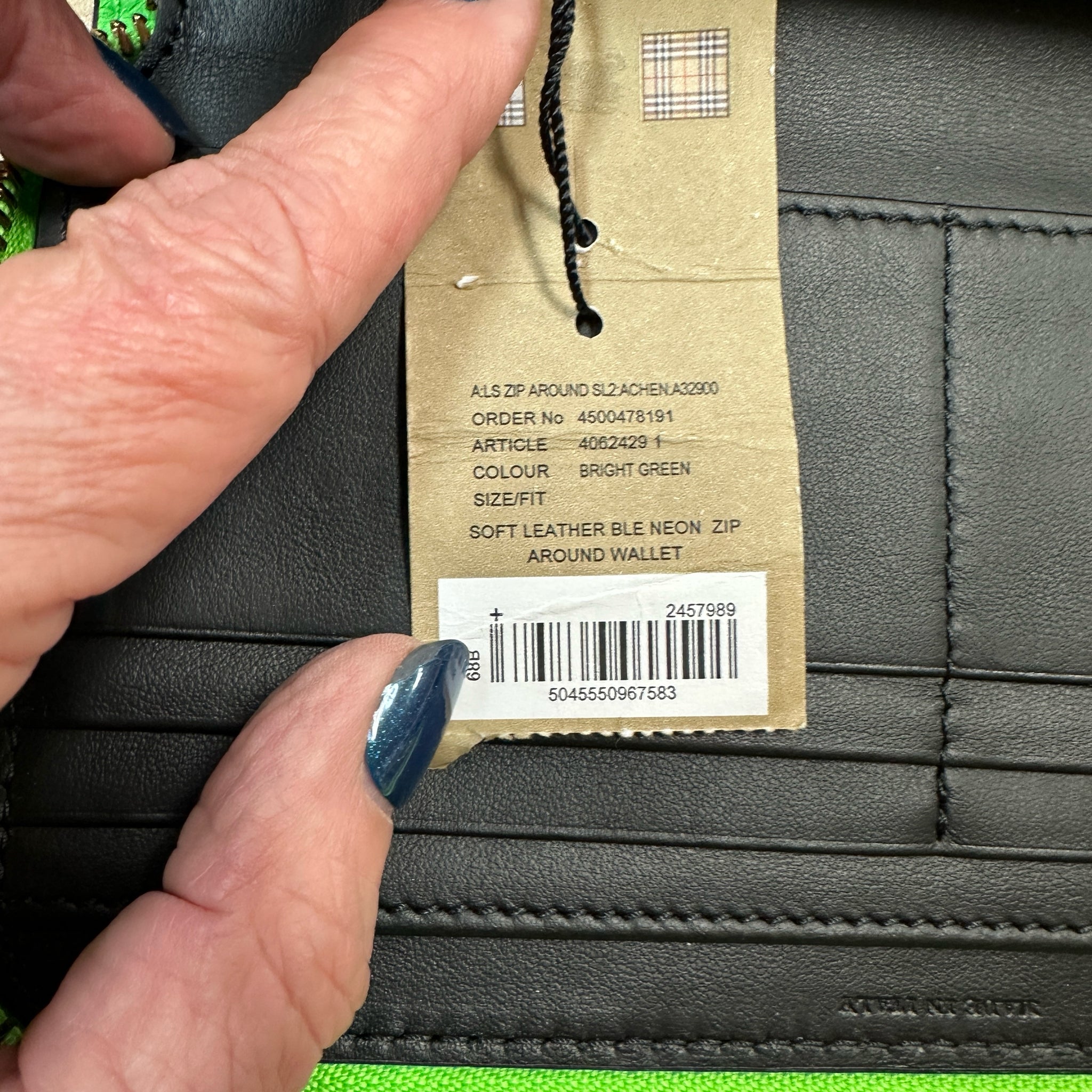 Burberry Bright Green Zip Around Grained Leather Wallet