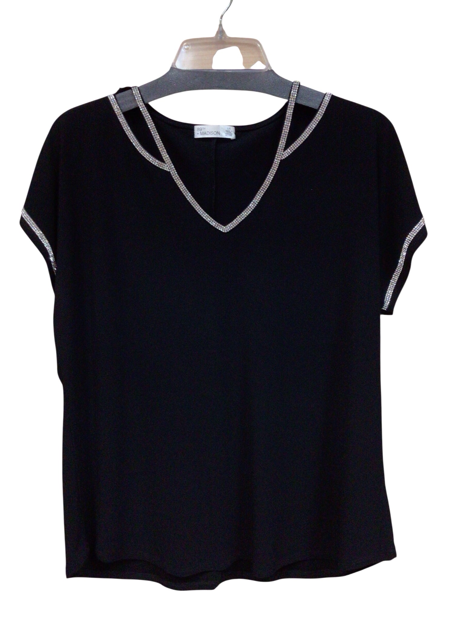 89th + Madison Black Rhinestone Short Sleeve Top Size Large