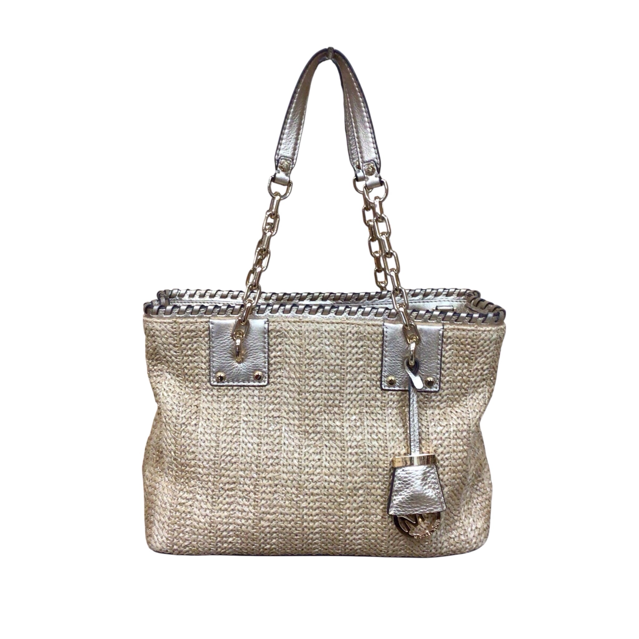 Michael Kors "Rosalie" Woven Straw & Leather Shoulder Bag