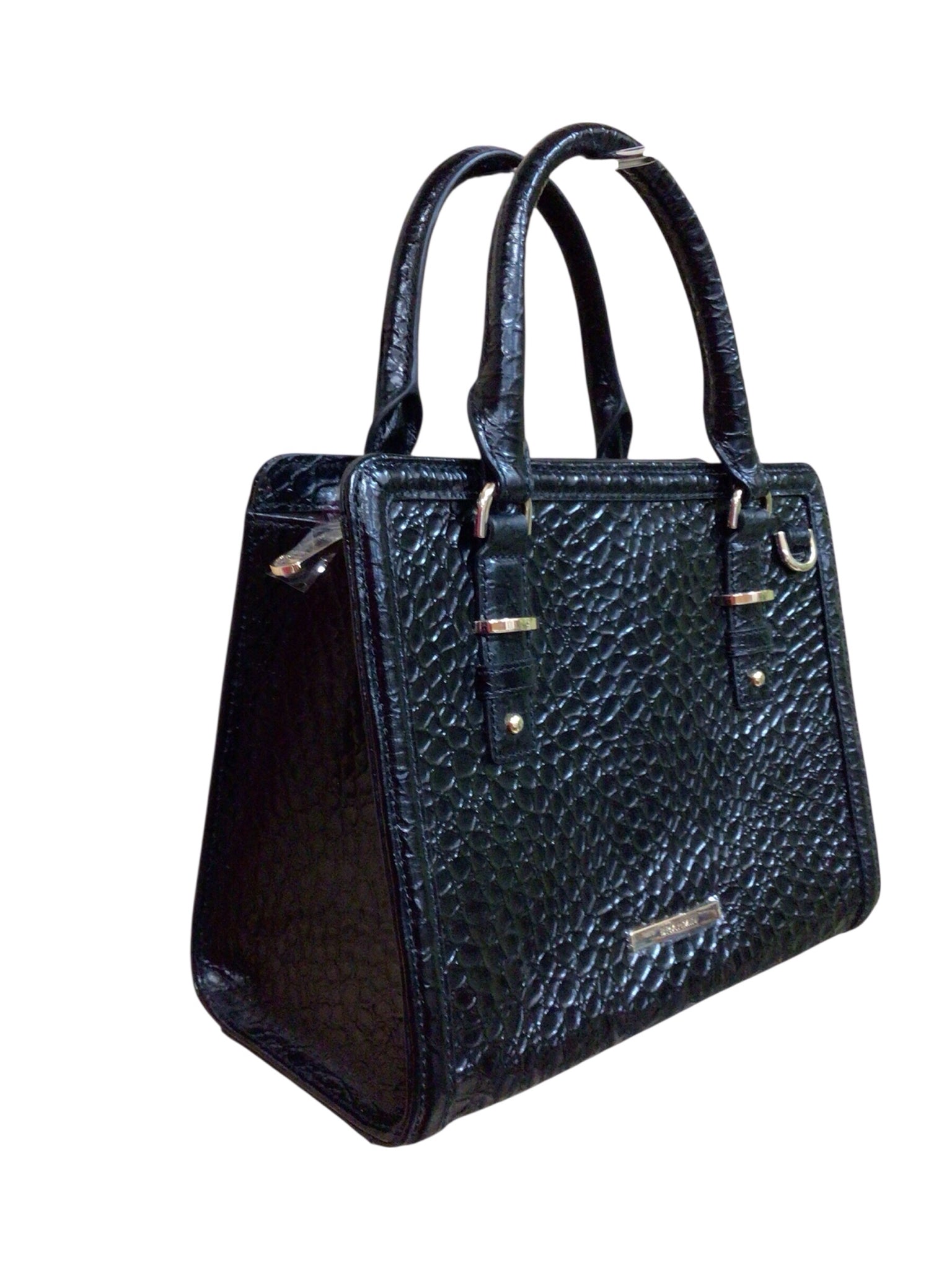 Brahmin "Cami" Black Croc-Embossed Leather Crossbody Satchel
