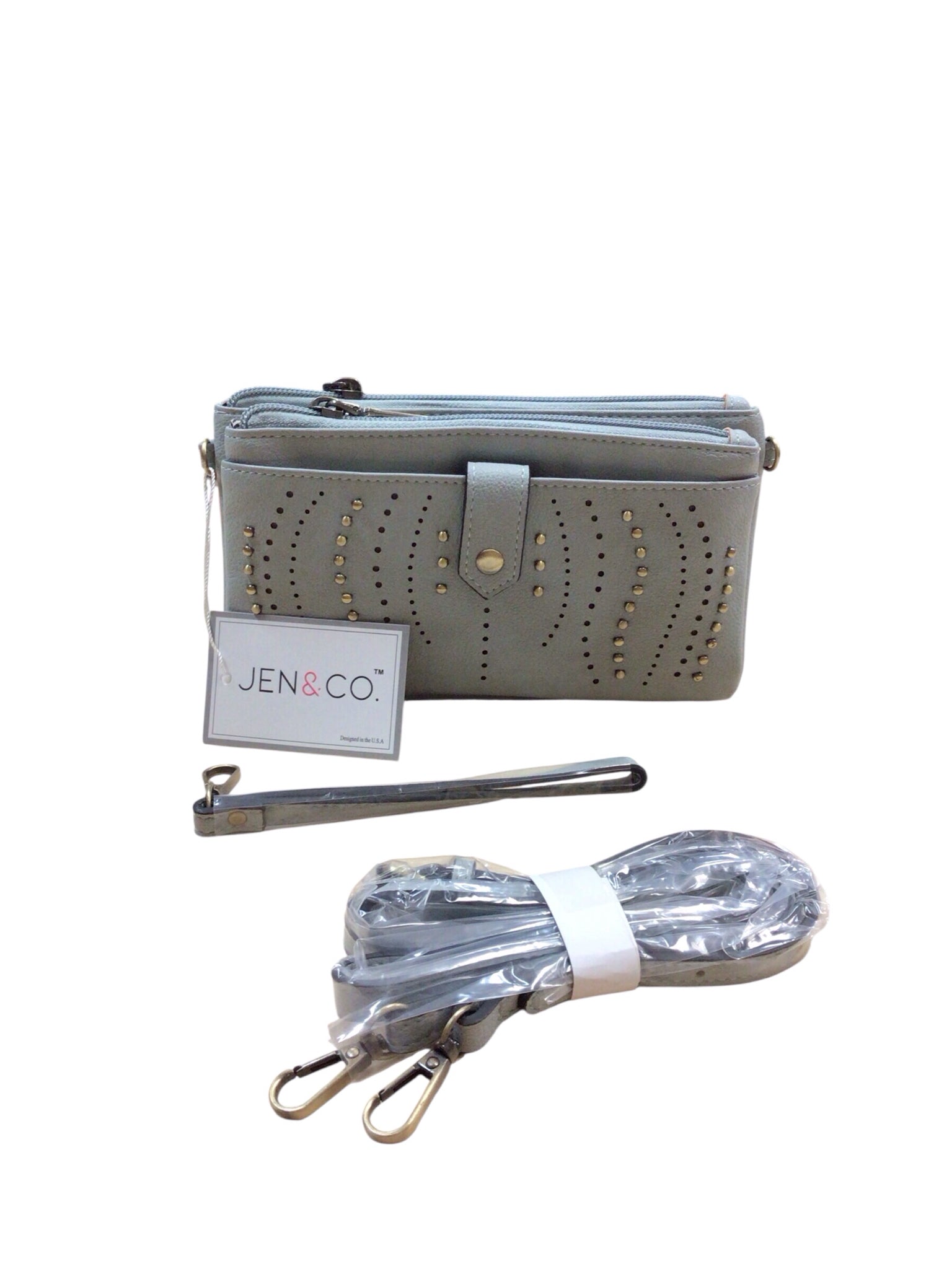 Jen & Co Stone "Arya" Dusty Blue Studded Front Wallet/Clutch/Wristlet/Crossbody