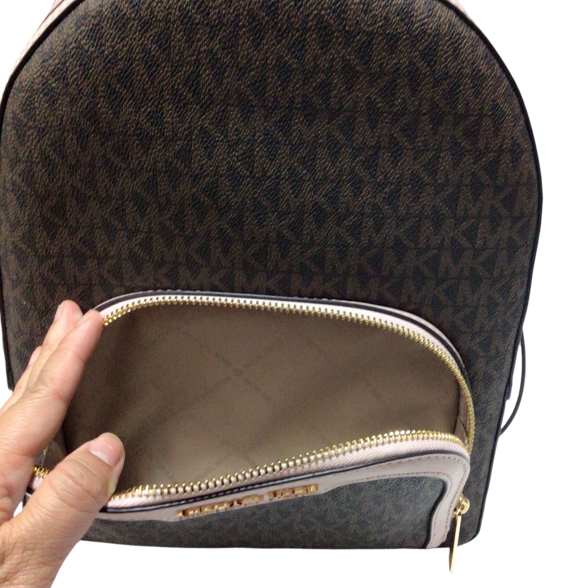 Michael Kors Brown and Blush Jaycee Medium Logo Backpack