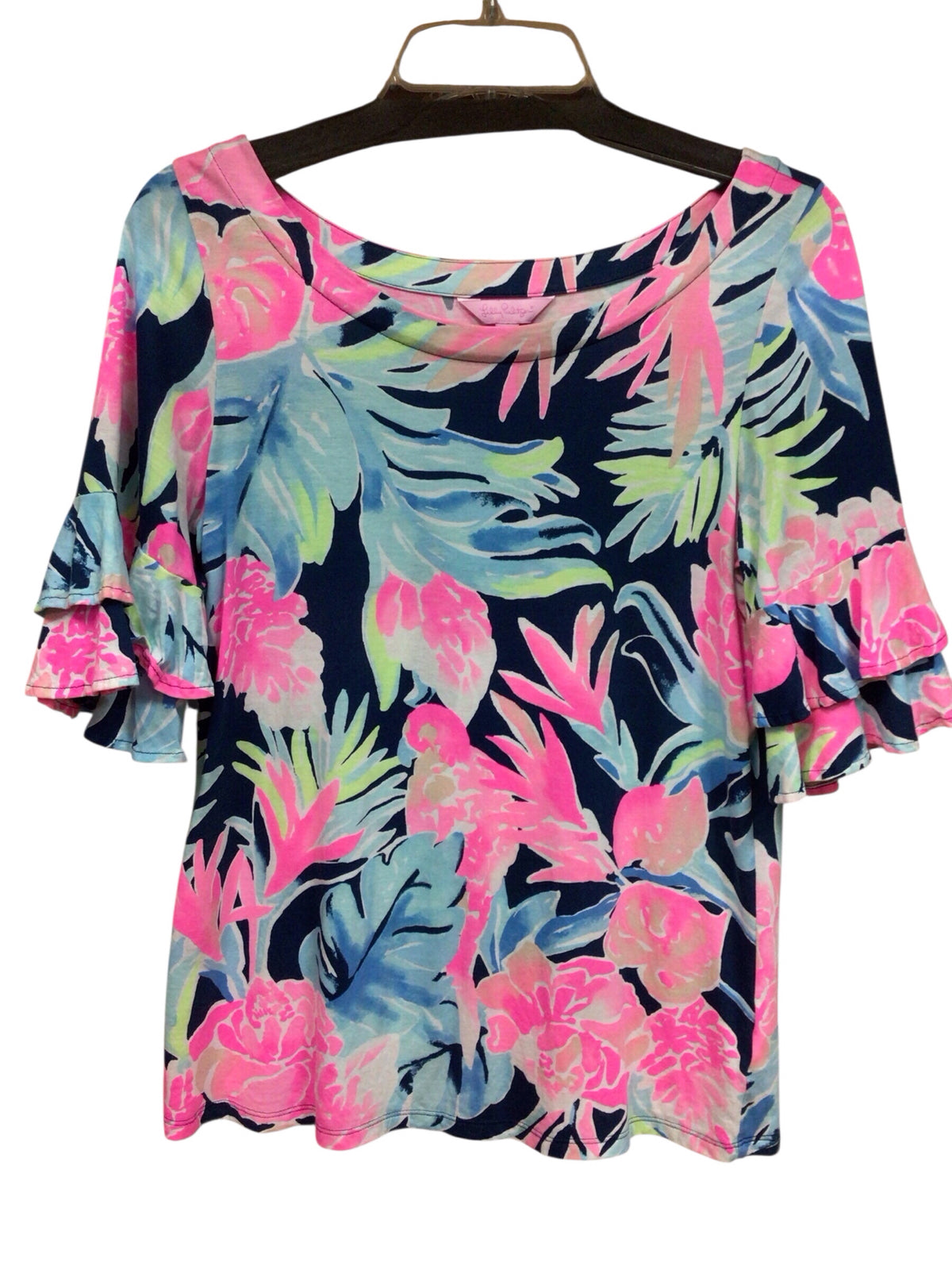 Lilly Pulitzer "Lula Blouse" High Tide Tropicolada Size Medium Short Sleeve Top