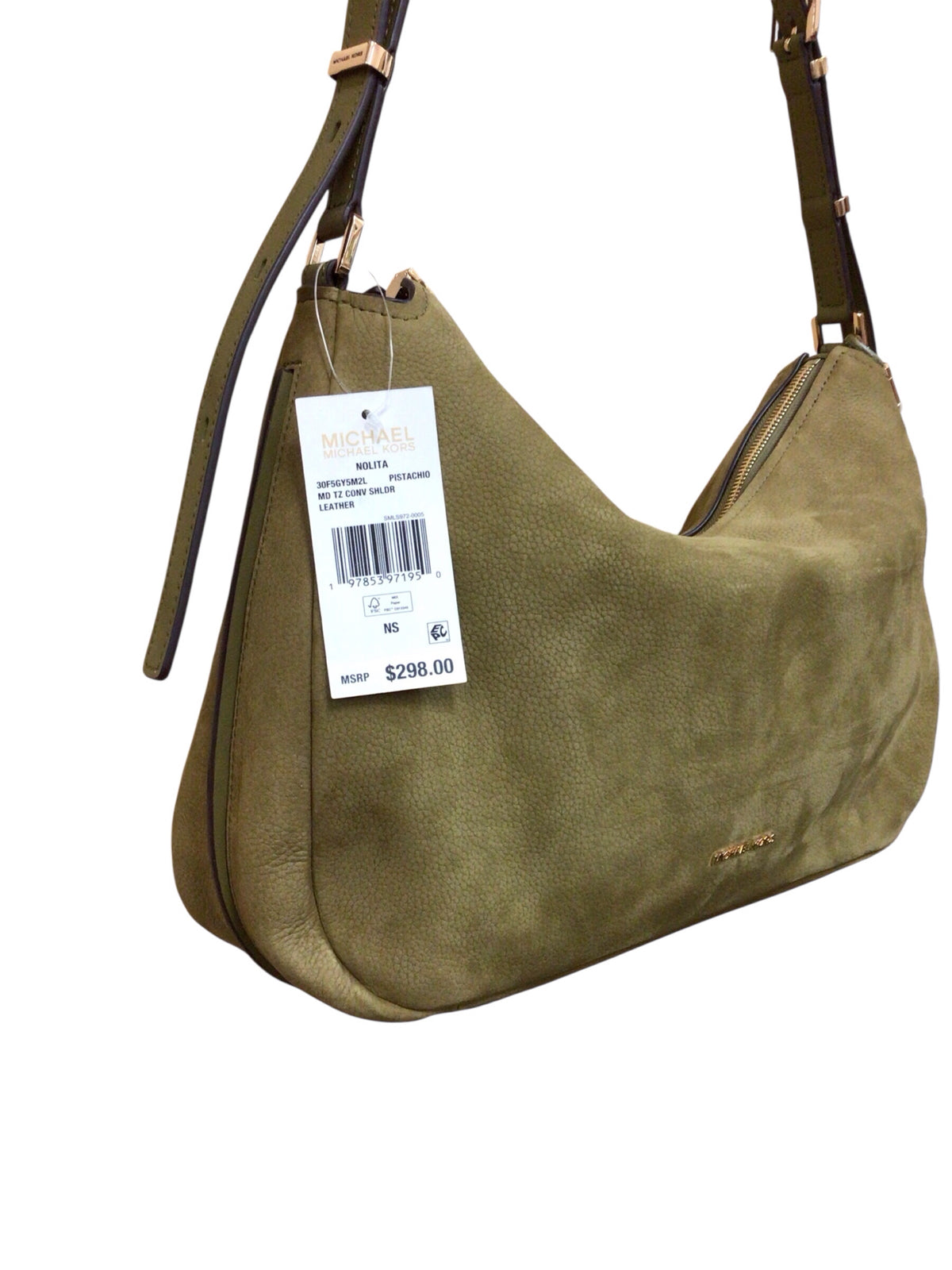 Michael Kors Green "Nolita" Nubuck Convertible Leather Trim Shoulder Bag