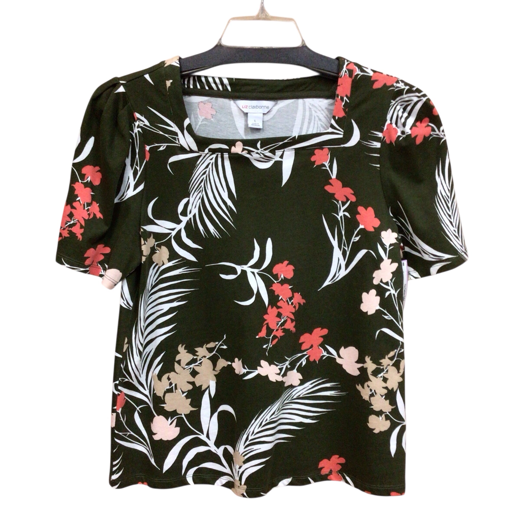 Liz Claiborne Green Floral Short Sleeve Top Size Large