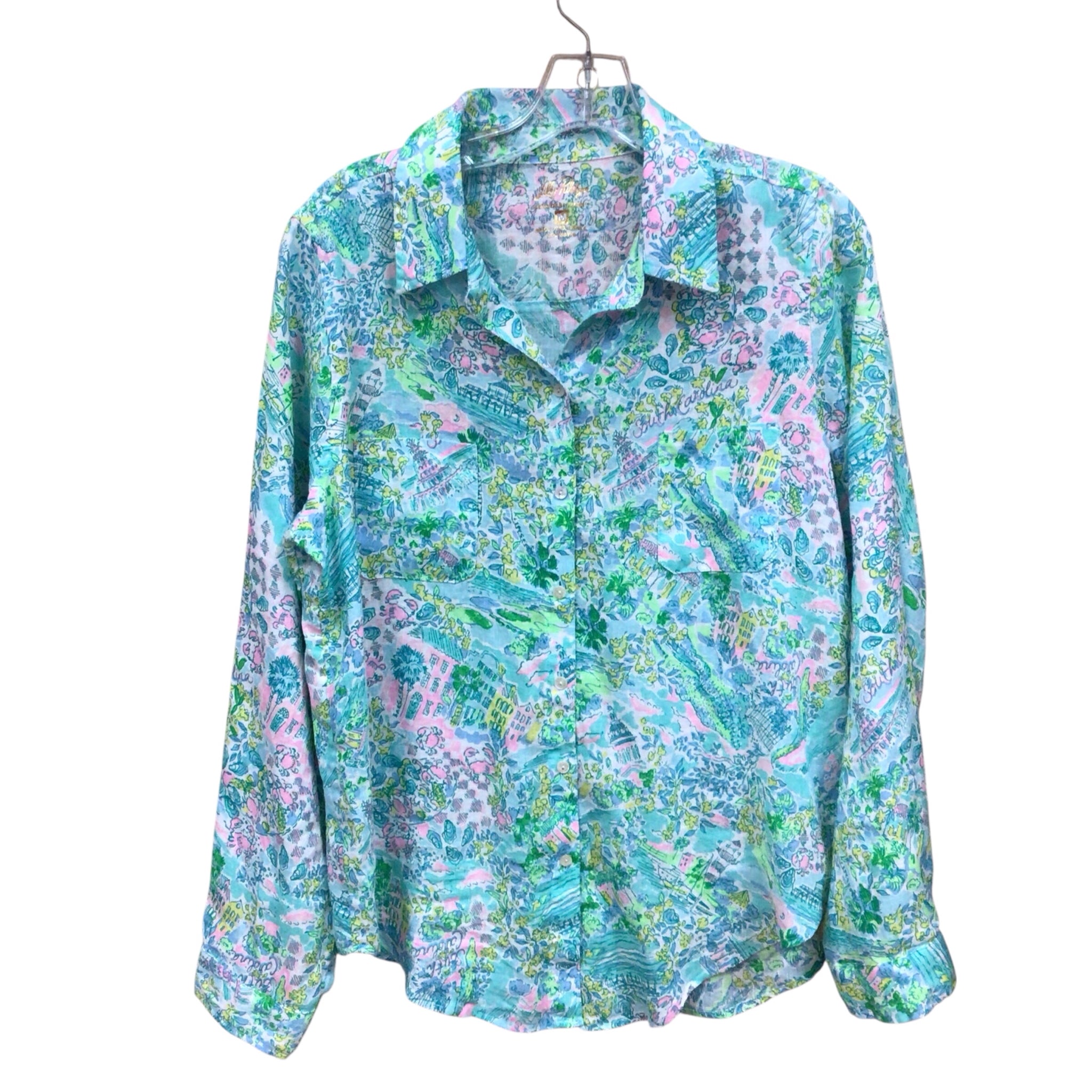 Lilly Pulitzer Seacoast Linen Long Sleeve Button Up Top Size Medium Long Sleeve
