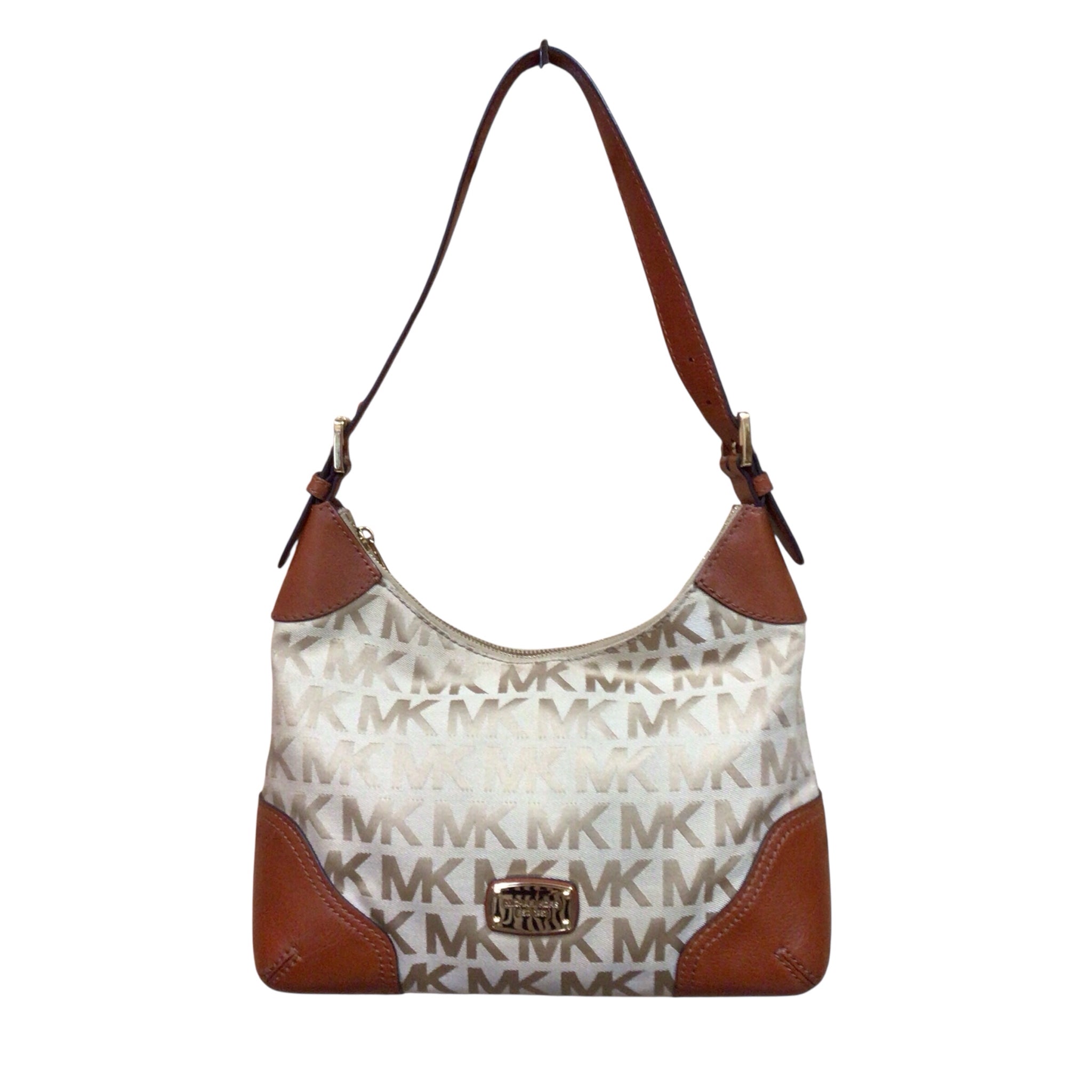 Michael Kors "Millbrook" Signature Logo Jacquard Tan Shoulder Bag