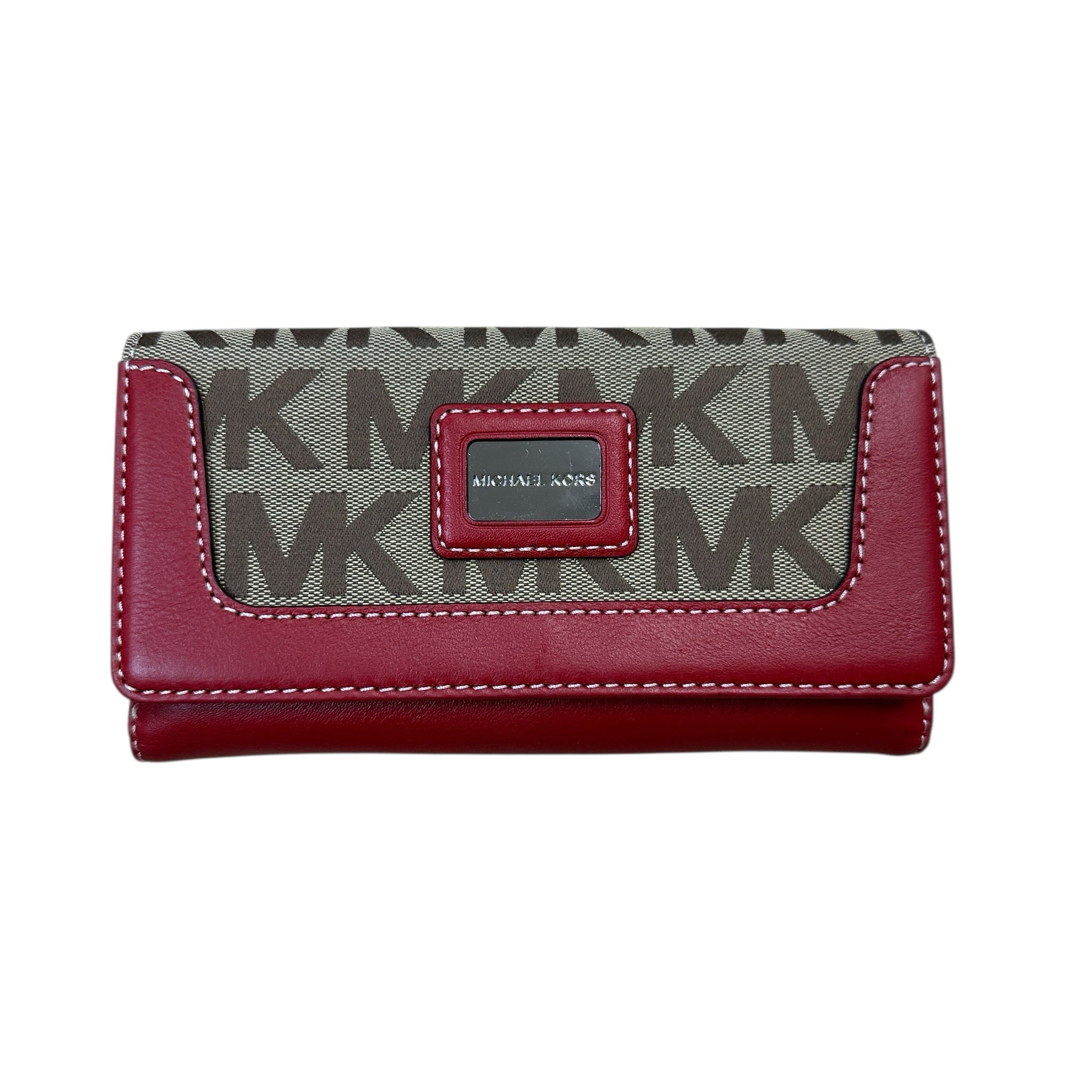 Michael Kors Brookville Tan Red Leather & Canvas Wallet